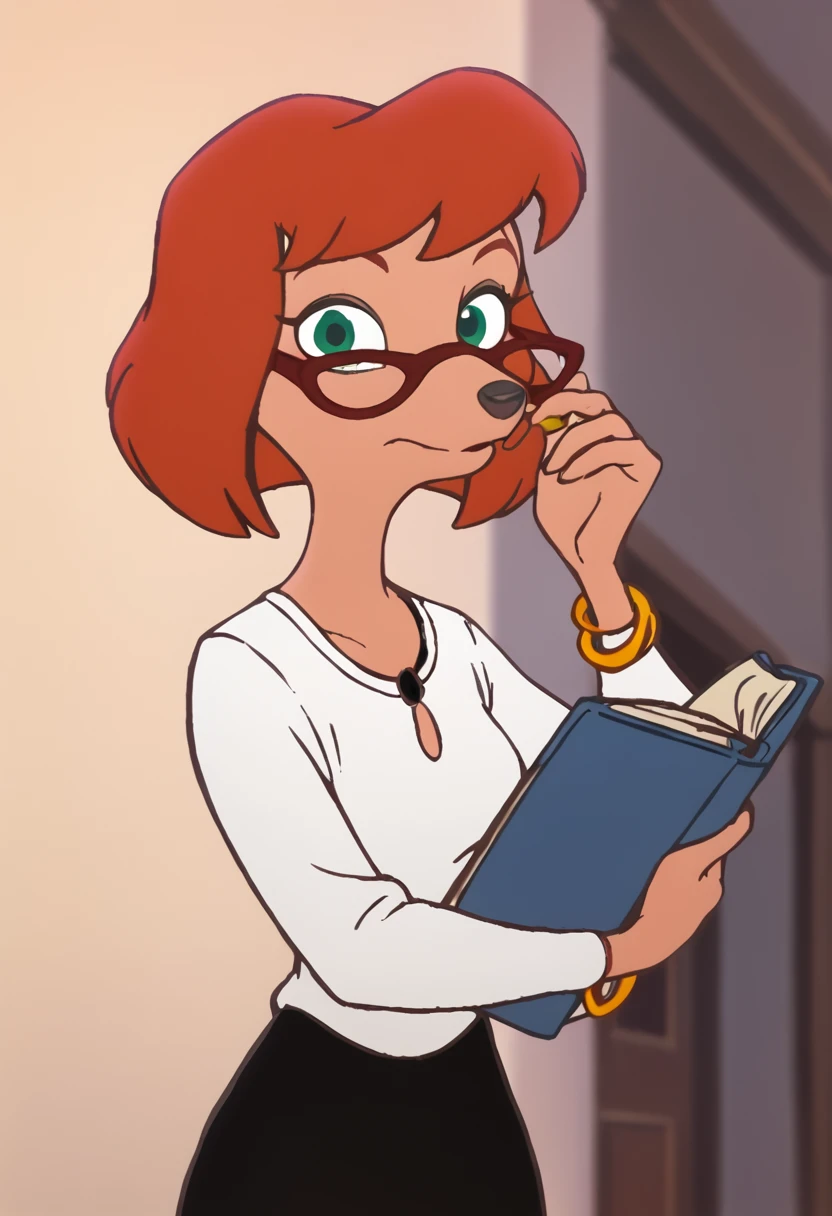 Sylvia, 1girl, solo, jewelry, book, green eyes, furry female, orange hair, short hair, bangle, black skirt, white shirt, holding book, holding, long sleeves, animal nose, necklace, looking at viewer, score_9, score_8_up, score_7_up, score_6_up, score_5_up, score_4_up <lora:SylviaMarpolePony1.0:1>