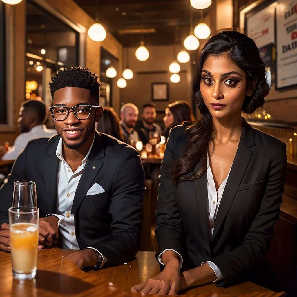 (masterpiece), best quality, expressive eyes, perfect face, dark brown eyes, 30 year old East Indian female, flat-chested, pharmaceutical sales rep, East Indian woman, dark makeup, tired eyes, at a speed dating event on a fall evening in Arizona, at a snazzy bar, dressed in Black semi-formal attire, Looking at viewer with an alarmed expression, on a date with a man she does not want to be with, Closed off body language, angry uncomfortable expression, <lora:3a4f4965-7b0b-410b-945d-60c699eecca8:0.7>