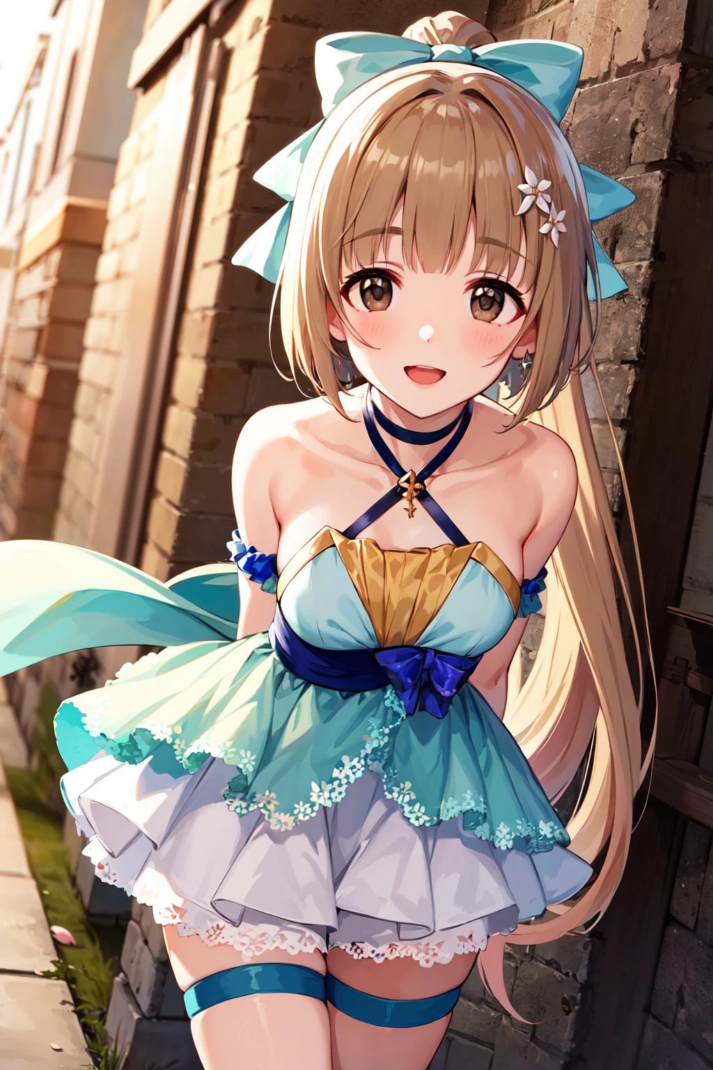 masterpiece, best quality, highres, bbyoshino, long hair, high ponytail, hair bow, hair ornament, collarbone, choker, halterneck, bare shoulders, layered dress, white dress, thigh strap, <lora:yorita_yoshino_v1:0.7>, smile, open mouth, standing, cowboy shot, leaning forward, bent over, outdoors, cherry blossoms, arms behind back,