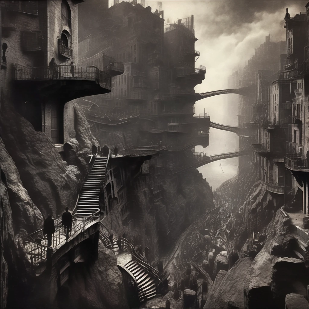 eldoria dark surreal city on the rocks composed of stairs, groups of people, dark atmosphere, very realistic detail, cinematic<lora:eldoria:1>