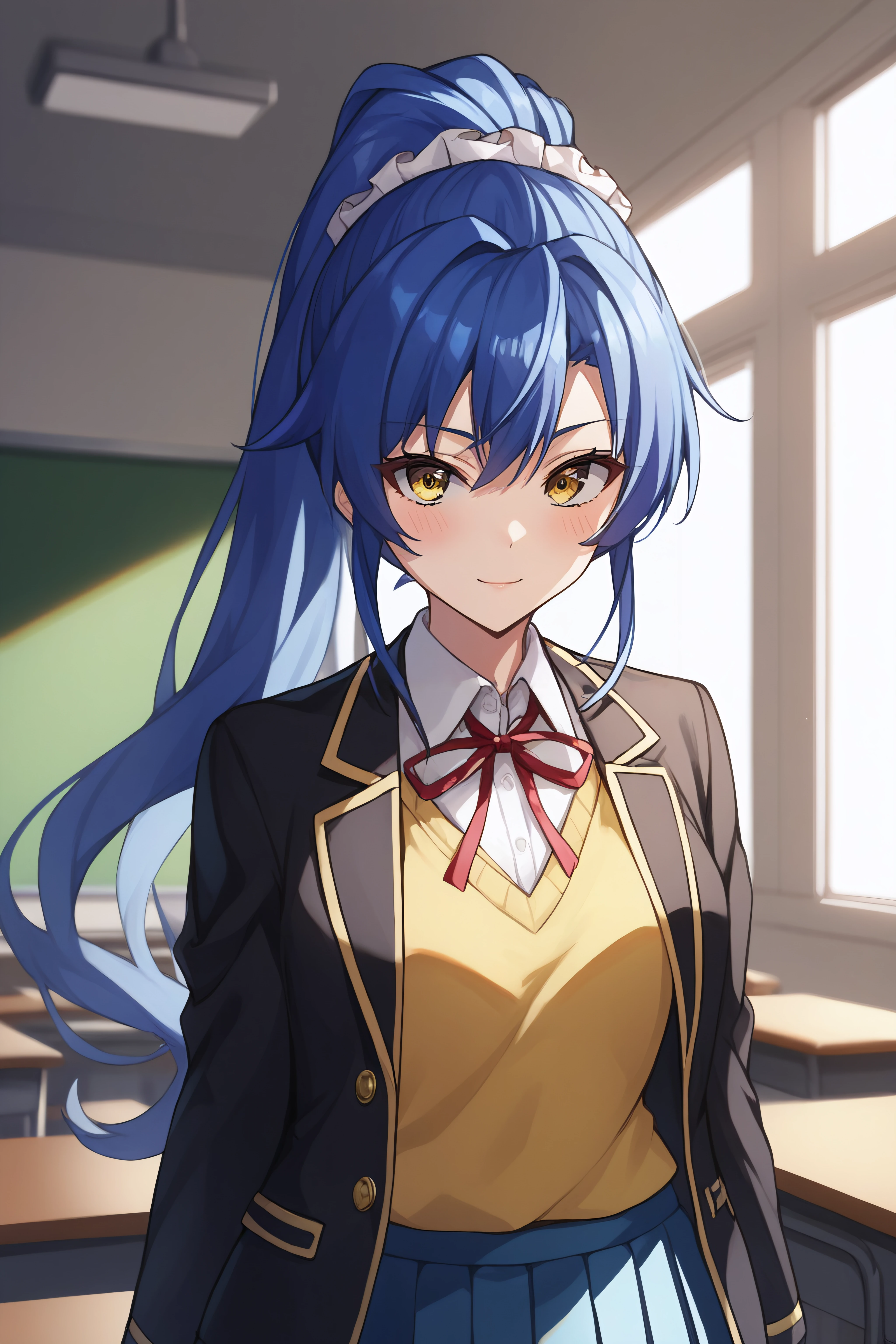 score_9, score_8_up, score_7_up, BREAK source_anime, <lora:Kurumi Nonaka-PonyXL-lora-Faxtron:0.8> kurumi nonaka, yellow eyes, blue hair, high ponytail, white hair ribbon, school uniform, black jacket, yellow vest, dress shirt, red neck ribbon, blue pleated skirt,