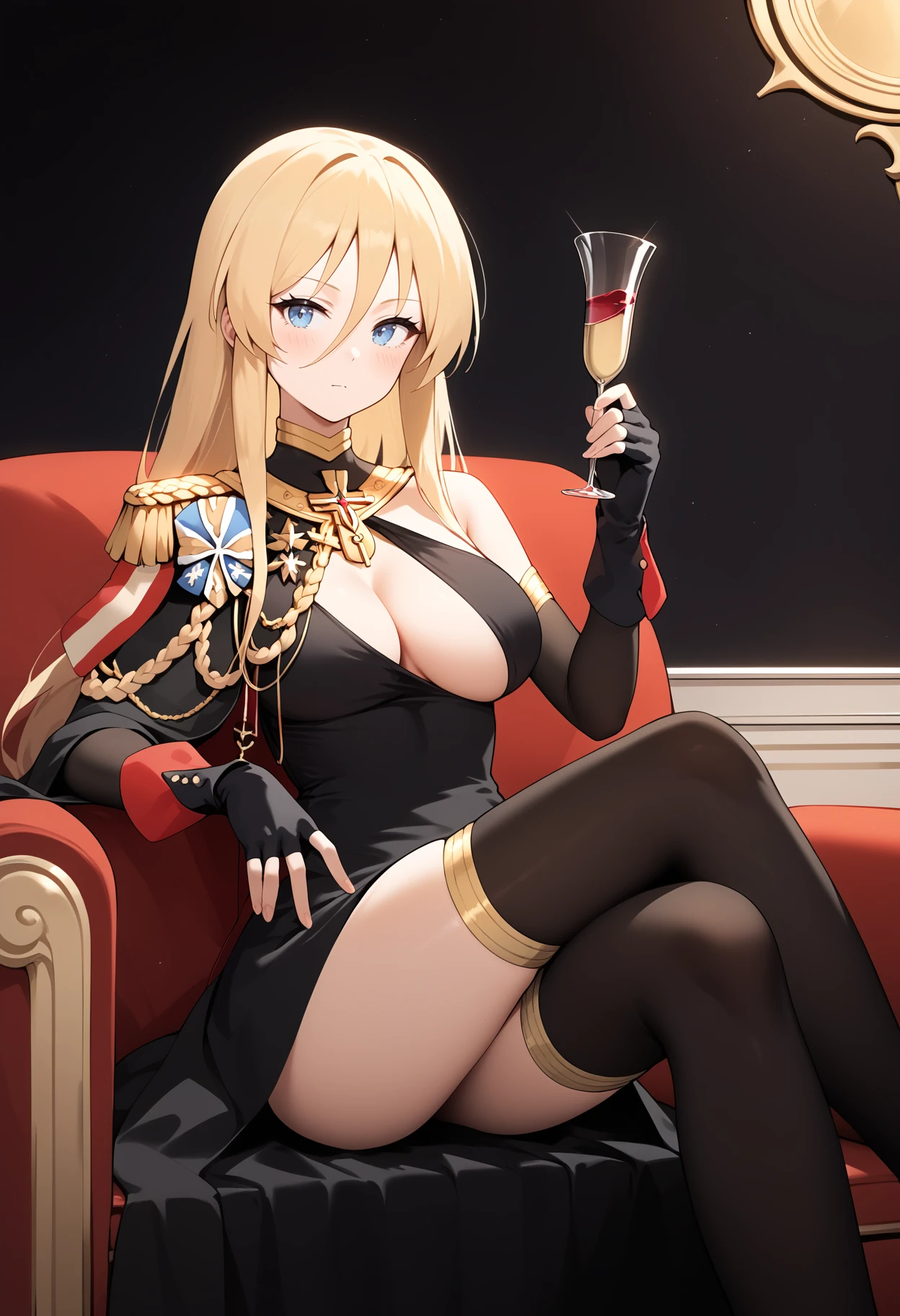 score_9, score_8_up, score_7_up, score_6_up, score_5_up, score_4_up, source_anime, bbbis, long hair, blonde hair, blue eyes, breasts, epaulettes, bare shoulders, cleavage cutout, black dress, elbow gloves, fingerless gloves, black gloves, black thighhighs, <lora:bismarck_(azur_lane)_ponyxl_v1:0.9>, sitting, sofa, cup, wine glass, crossed legs,