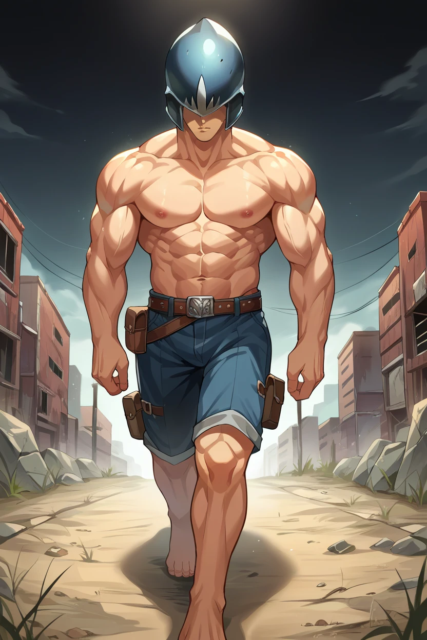 score_9, score_8_up, score_7_up, score_6_up, source_anime, 1boy, male focus, solo,  <lora:313archer-pdxl-nvwls-v1-000006:1> 313archer, helmet, covered eyes, walking, shirtless, extremely muscular, (muscular:1.6), walking, wasteland, black sky