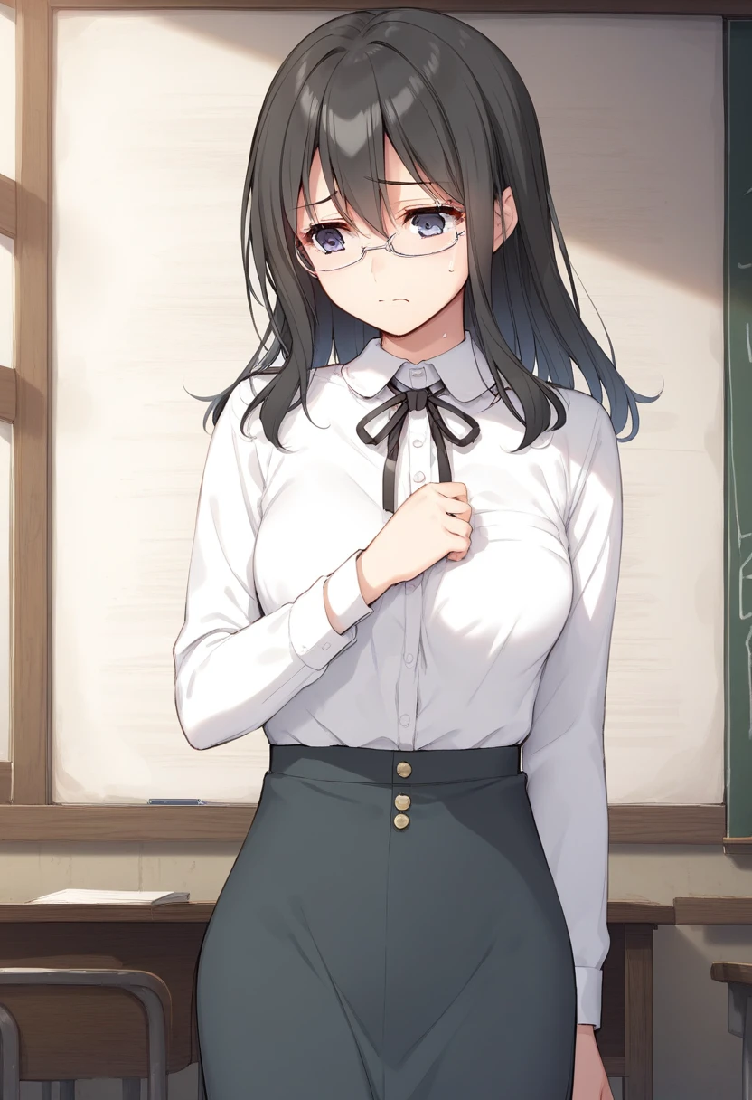 standing,
worried,
BREAK 1girl,
<lora:Sennyuu_Sousakan_Kirika-000007:0.8>,kirika,teacher,glasses,black hair,hair between eyes,medium breasts,mature female,dress shirt,skirt,neck ribbon,, score_9,score_8_up,score_7_up,source_anime,best quality,masterpiece,uncensored,detailed background,<lora:add-detail-xl:0.8>