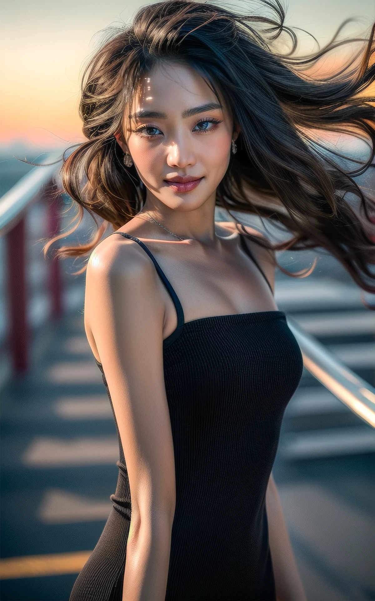 <lora:Minnie_V1:1> Minnie_V1 ,, (realistic), (hyperrealism), (photorealistic:1.4), 1girl, looking at the viewer, eye makeup, detailed eyes, detailed face, (upper body:1.2), detailed background, black dress, walking at the streets, sunset, (windy:1.2), <lora:more_details:1>
