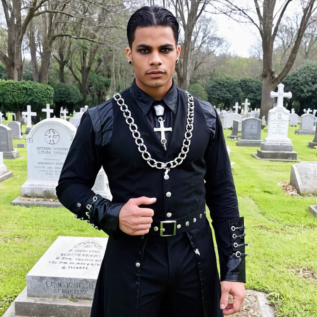 photo of j0rd4n a man, wearing a gothic outfit, at a cemetary, looking at viewer,  solo shot,   <lora:jodd:.8>