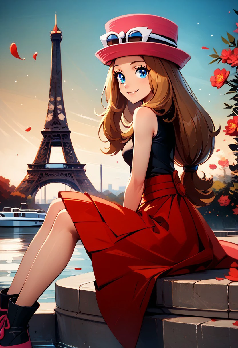 score_9, score_8_up, score_8, medium breasts, (curvy), cute, eyelashes,     
rating safe, 
BREAK,
 zzEiffelTower in background, zzSerena, solo, long hair, blue eyes, long hair, brown hair, pink hat, dress, bare shoulders, sitting, red skirt, red headwear, watercraft, boat, sitting on wall, side view, looking at viewer, smile, BREAK, blooming stars, luminescent petals, otherworldly fragrance blurry background, 
BREAK,
smile, looking at viewer, 
abstract background, 
zPDXL, Expressiveh