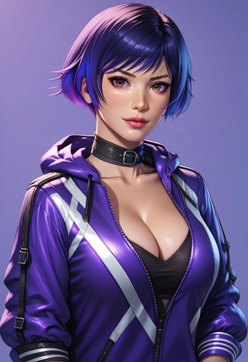 score_9, score_8_up, score_8_up,
reina mishima, reina mishima \(tekken\),reina mishima jacket \(tekken\), 1girl, solo, breasts, looking at viewer, short hair, bangs, large breasts, cleavage, brown eyes, blue hair, collarbone, jacket, upper body, purple hair, choker, hood, collar, lips, freckles, purple jacket