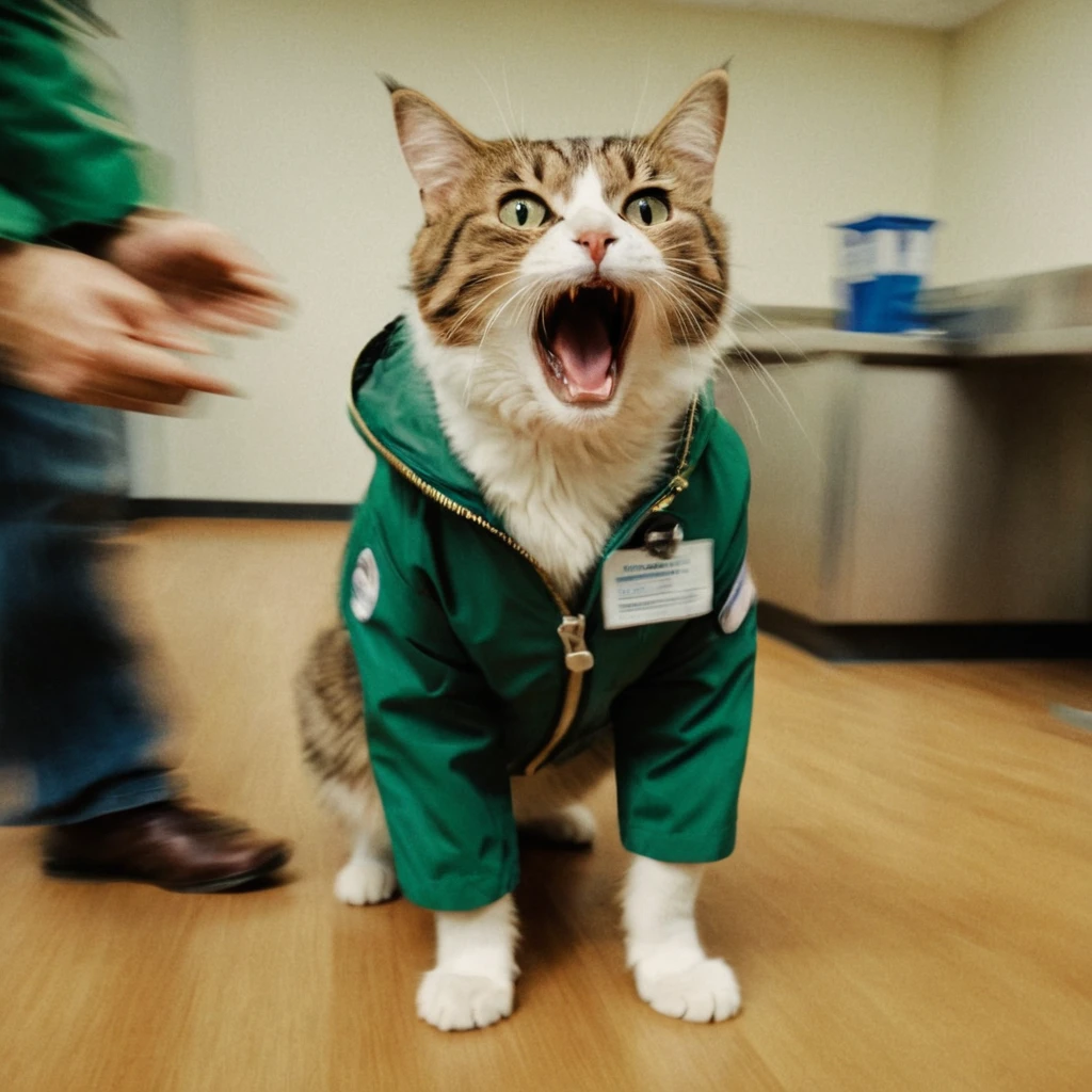 cinematic still motion blur, timelapse, cat wearing green jacket screaming at vet . emotional, harmonious, vignette, 4k epic detailed, shot on kodak, 35mm photo, sharp focus, high budget, cinemascope, moody, epic, gorgeous, film grain, grainy, motion blur, timelapse, cat wearing green jacket screaming at vet, cinematic, highly detailed, sharp focus, ambient light, coherent, colorful, glowing, vivid, rich deep colors, intricate, elegant, dynamic, beautiful, enhanced, symmetry, great composition, clear, crisp, pretty, focused, professional, awesome, creative, positive, atmosphere, new, created