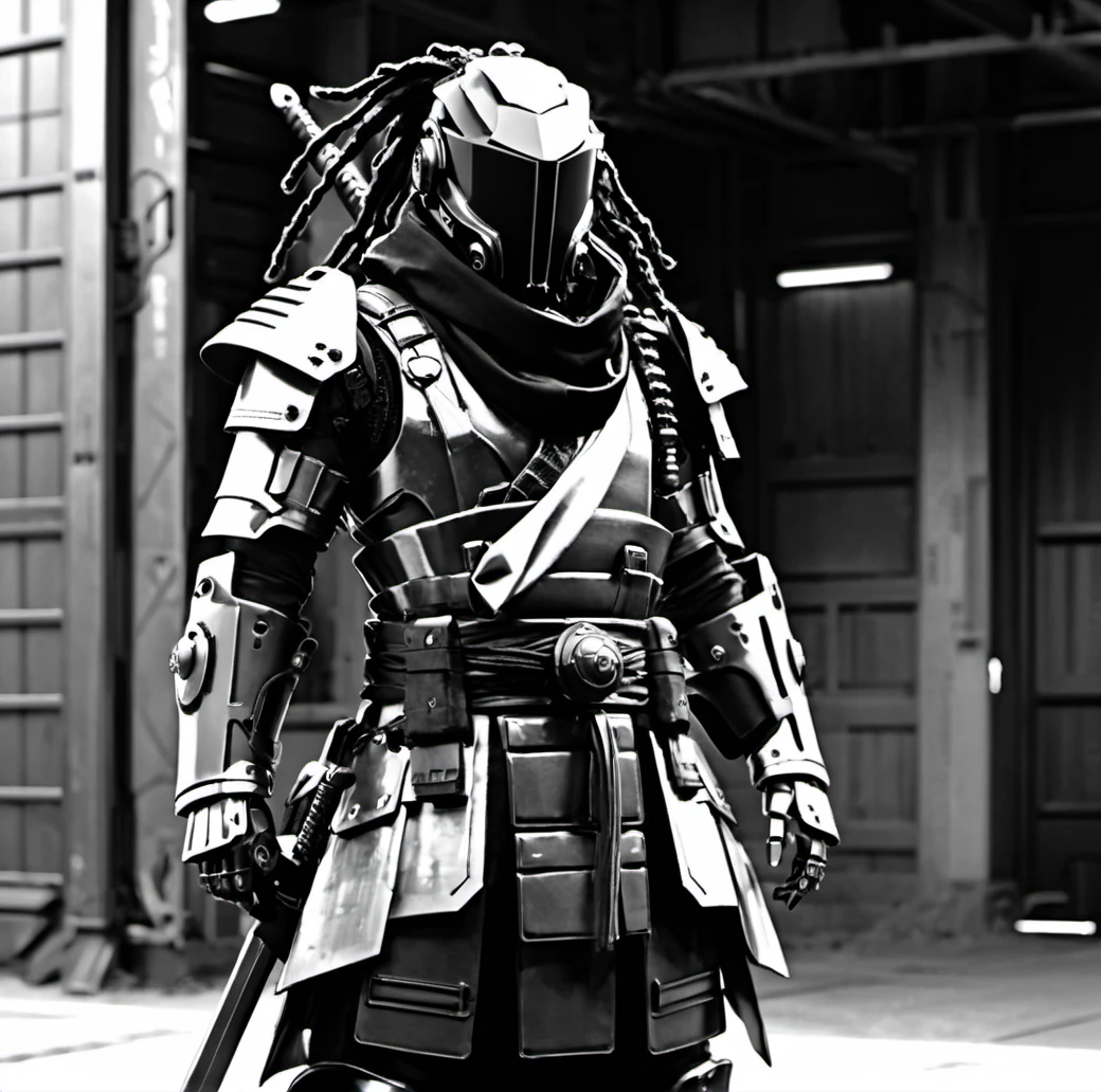 weapon, sword, armor, helmet, greyscale, solo, monochrome, katana, sheath, sheathed, 1other, japanese armor, scarf, covered face, shoulder armor, humanoid robot, samurai, science fiction, cowboy shot, standing, cyberpunk, futuristic armor, robot helmet, LED visor, black and white, sci-fi, dystopian, mechanical glove, industrial background, armored gauntlets, dreadlocks, masked figure, augmented reality, cybernetic, arm plating, combat ready, metallic texture, digital art, high-contrast, urban warrior, cyber warrior, pose, cybernetic enhancements, robotic appearance, action figure. ,<lora:æºç²-000002:0.6>