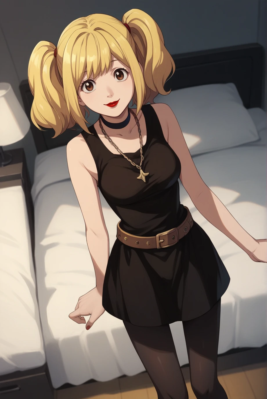 score_9, score_8_up, score_7_up, score_6_up, score_5_up, score_4_up, BREAK source_anime, 1girl, solo,
<lora:MisaMisaXL-v2-05:0.7>, ChopioMisaMisa, blonde hair, brown eyes, looking at viewer,
medium breasts, perky breasts,
medium hair, twintails, red lipstick,
bedroom, standing, smile,
outfit_1, black choker, necklace, black dress, sleeveless dress, brown belt, black pantyhose,