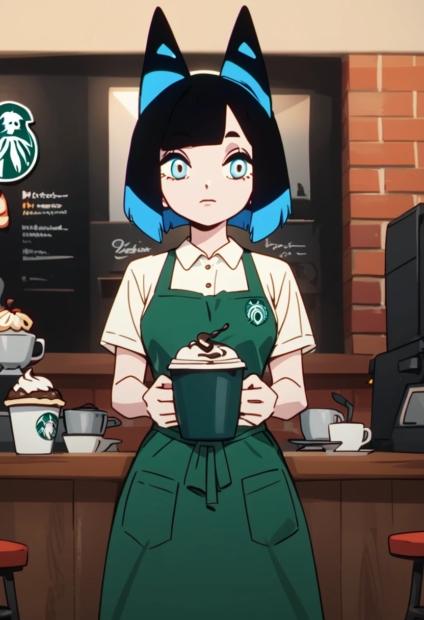 score_9, score_8_up, score_8,     <lora:Gal:0.8> 1girl, kozuk1, black hair, short hair, multicolored hair, animal ears, dress, blue eyes, colored inner hair, coffee shop, uniform, apron, shirt, pants,