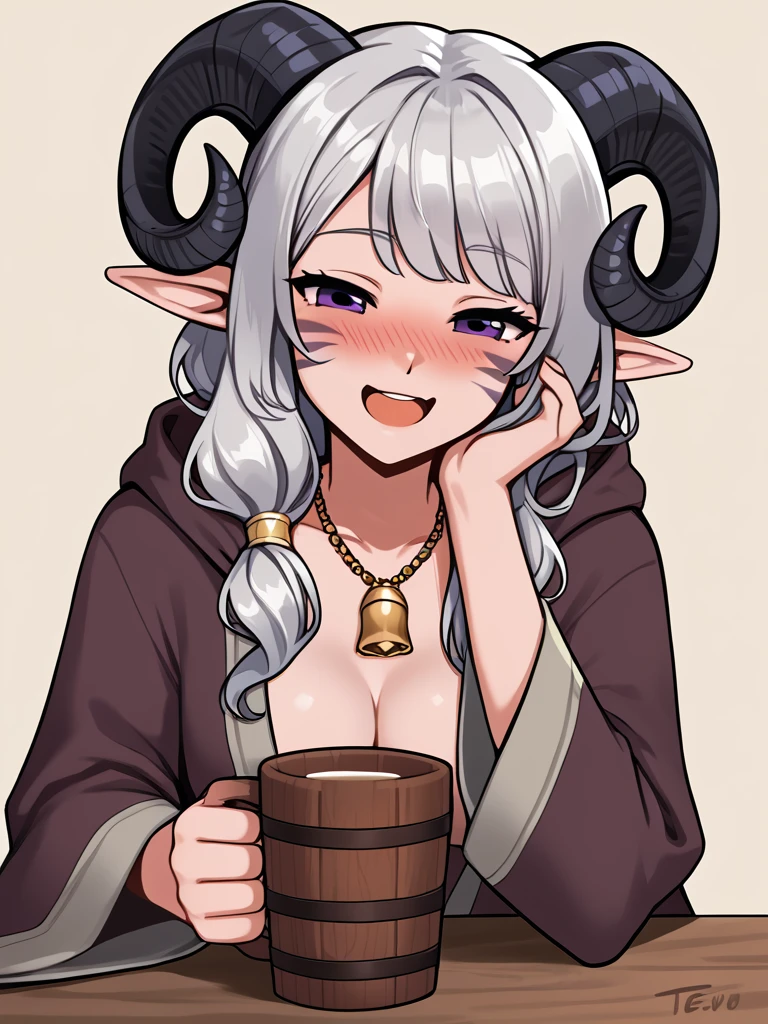 <lora:tavern_cup:1>wood cup, tarvern, cup, holding cup,  source_furry, score_7_up, rating_safe, cowboy shot, gold necklace, tiefing, short pointed ears, horns, (a pair of brown sheep Horns that begin at her temples and curve back: 1.5), bangs,long silver hair long wavy hair, pale skin,<lora:whisker_markings:0.8> whisker_markings:1.4 , pointy ears, purple eyes:1.2, <lora:age_slider_v4:0.6>   medium breasts, skinny female, close up, silver hair, <lora:Tieflingnew weird fantasyDND:0.3> Tiefling, pointed ears, horns,  naughty face, drunk, open mouth,smile,<lora:Smooth Style 2 SDXL_LoRA_Pony Diffusion V6 XL:0.5>  shepherd's crook, bell, robe, hood off, <lora:Nanoless_Artist_Style_PonyXL:0.3> leaning table, simple background,