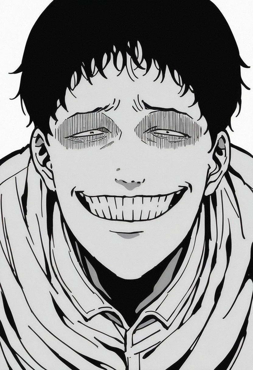 um close up de uma pessoa com um sorriso no rosto, Eren Yeager, sorrindo lascivamente, em Berserk Manga, Retrato de Eren Yeager, sorriso insano, Levi Ackerman, feliz com a boca aberta, large eyes and menacing smile, Eren Jaeger, grim facial expression, sorriso de estrangulamento sorriso sorriso, com a boca aberta