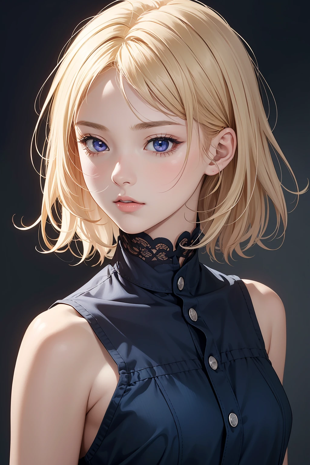 1girl, upper body, best quality, RAW photo, 16k wallpaper, extremely detailed CG, amazing, ultra detailed, hyperrealistic, official art, High quality texture, incredibly absurd-res, high-res, 18 years old, cute girl, blonde hair, beautiful face, detailed dark indigo eyes
