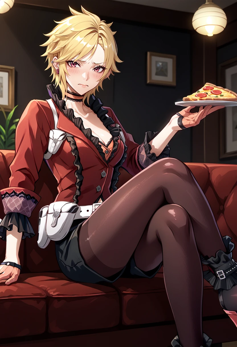 score_9, score_8_up, score_7_up, source_anime, 1girl, sitting, crossed legs, looking at viewer, embarrassed, blush, holding plate, pizza slice, BREAK <lora:MiladySH2-pdxl:1> defMilady, short hair, ear piercing, rose earrings, frilled choker, red jacket, cleavage, long sleeves, frilled sleeves, half gloves, orange gloves, white belt, black miniskirt, short shorts, pantyhose, high heel boots, crossed legs, indoors, couch