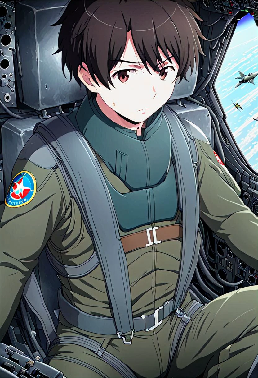 high resolution, solo, best quality, 1Boy, Inaho Kaizuka, Black hair, Brown Eyes, Pilot, Jet Fighter, Military, Military Uniform, military action, OverallDetail