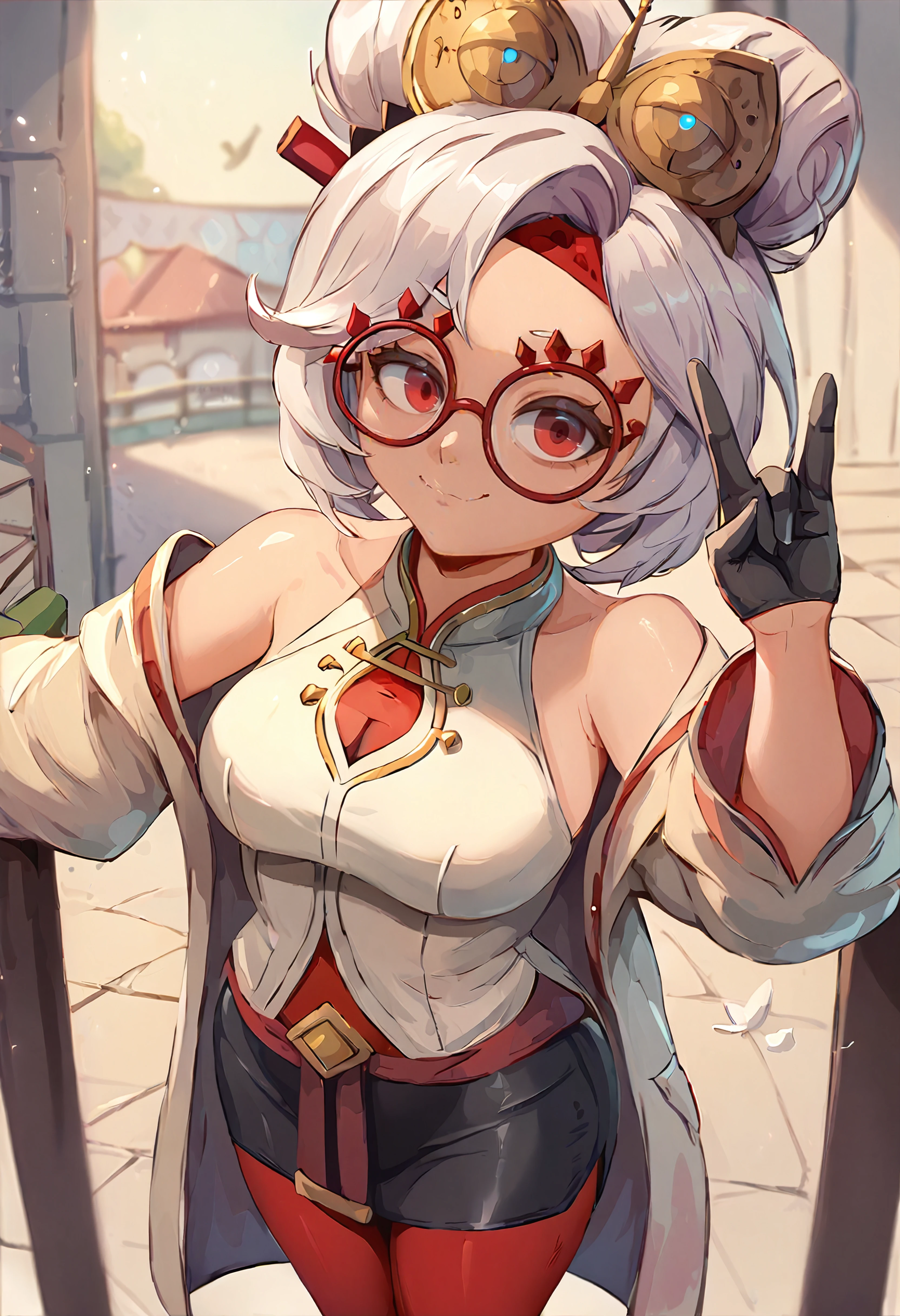 score_9, score_7_up BREAK 1girl,purah,hair ornament, red headband, red glasses, sleeveless shirt, white coat, black skirt, red leggings, gloves,white hair,red eyes,smug,closed mouth,looking at viewer,gesture <lora:purah-pdxl-nvwls-v1:0.8> <lora:miraihikari:1>