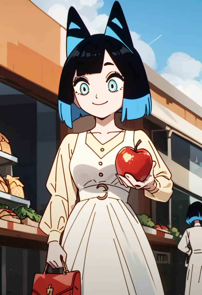 score_9, score_8_up, score_8,     <lora:Gal:0.8> 1girl, kozuk1, black hair, short hair, multicolored hair, animal ears, dress, blue eyes, colored inner hair, grocery store, handbag, holding apple, looking down, smile,