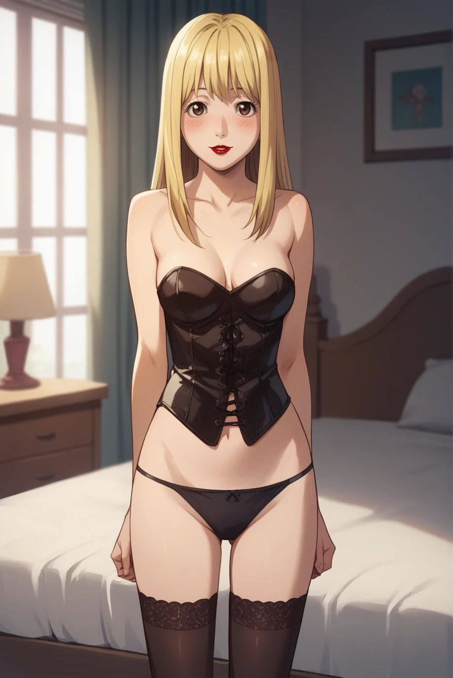 score_9, score_8_up, score_7_up, score_6_up, score_5_up, score_4_up, BREAK source_anime, 1girl, solo,
<lora:MisaMisaXL-v2-07:0.7>, ChopioMisaMisa, blonde hair, brown eyes, looking at viewer,
medium breasts, perky breasts,
long hair, hair down, straight hair, red lipstick,
bedroom, standing, seductive smile, blush, parted lips, 
outfit_2, black corset, bottomless, black panties, black thighhighs,