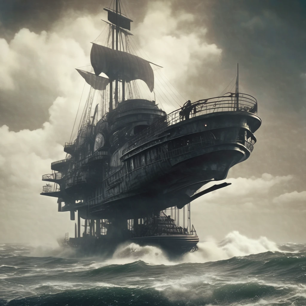 eldoria futuristic pirate ship on rough sea, very realistic detail, cinematic<lora:eldoria:1>