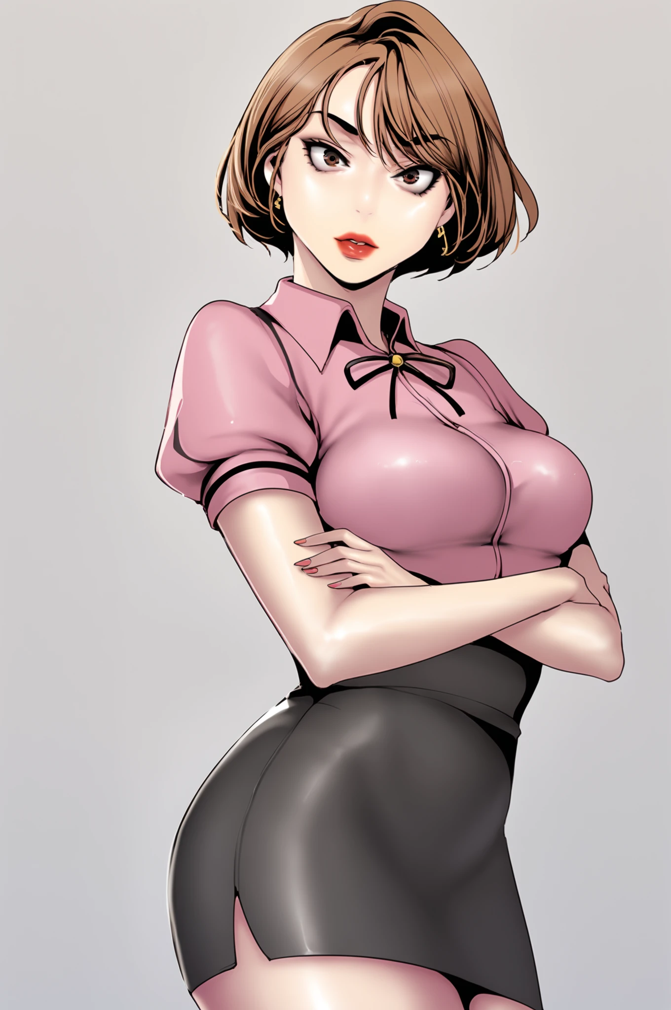 <lora:XL_NaSori_BNW:1> nasoridef, brown hair, brown eyes, short hair, grey background, simple background, 
solo, looking at viewer, skirt, shirt, jewelry, medium breasts, short sleeves, pantyhose, puffy sleeves, collared shirt, miniskirt, black skirt, bracelet, lips, makeup, crossed arms, lipstick, pencil skirt, pink shirt, red lips, score_9,score_8_up,score_7_up, source_anime,  detailed face