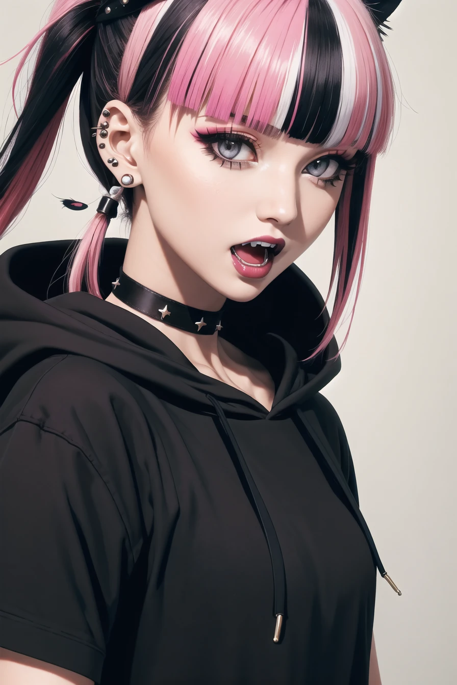 Best Quality,masterpieces,highres,absurdres,ultra-detailed,extremely detailed,official art,CG Unified 8K wallpaper,good lighting,illustrations,exquisite detail,exquisite rendering,
1girl, on head, cat, animal on head, multicolored hair, choker, twintails, black hair, open mouth, hood, cat on head, pink hair, white background, simple background, piercing, bangs, black choker, solo, upper body, two-tone hair, animal, ear piercing, hoodie, black hoodie, hood down, long hair, jewelry, grey eyes, earrings, fangs, blunt bangs, teeth, black cat, looking at viewer, short sleeves, streaked hair, eyeshadow, eyelashes, makeup