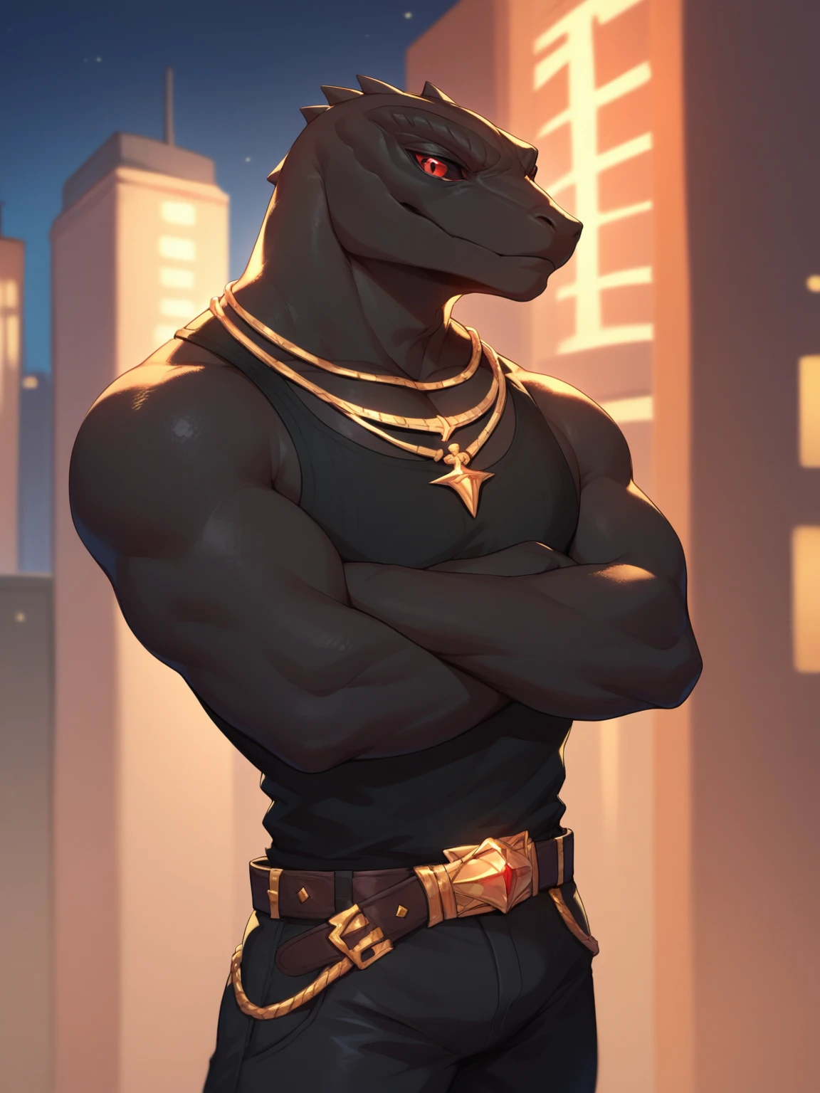 Score_9, score_8_up, score_7_up, 1boy, solo, furry, <lora:Thunder:1> Thunder, red eyes, black skin, colored sclera, black pants, black tank top, jewelry, necklace, city, night, belt, bare shoulders, crossed arms,