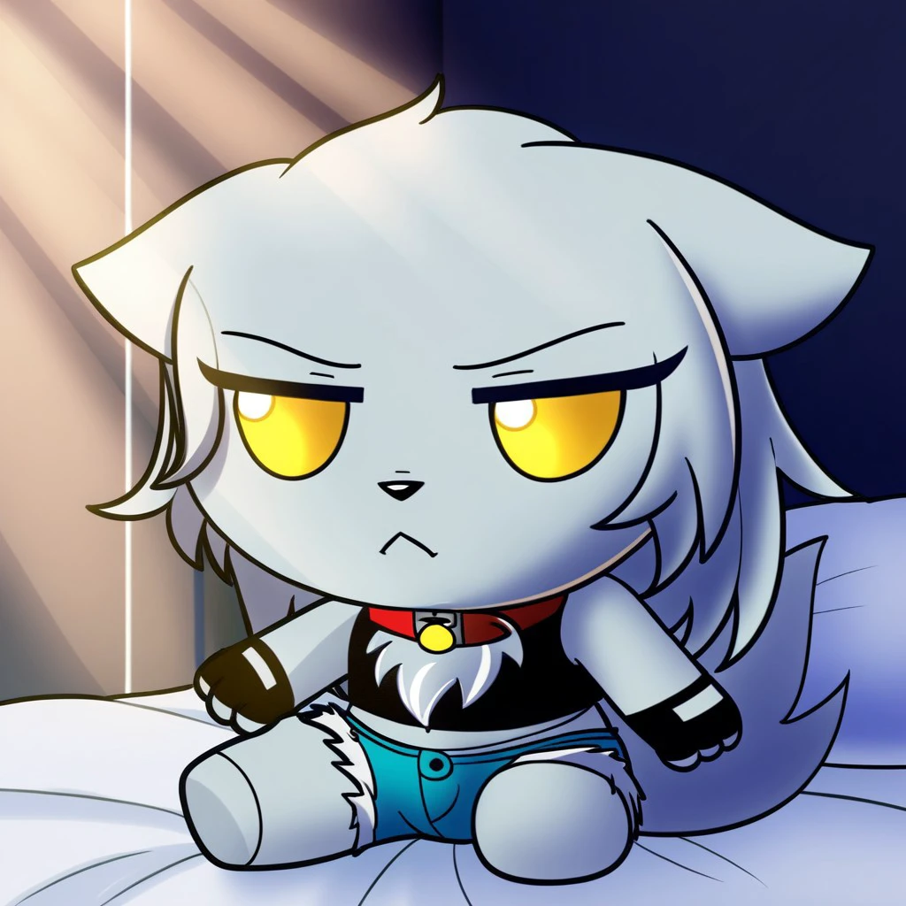 velvela, grey fur, wolf, yellow eyes, scar, chest tuft, collar, black shirt, crop top, fingerless gloves, short shorts, chibi, sitting, frown, :(, fumo \(doll\), solo, bedroom, bed, detailed, shading, god rays