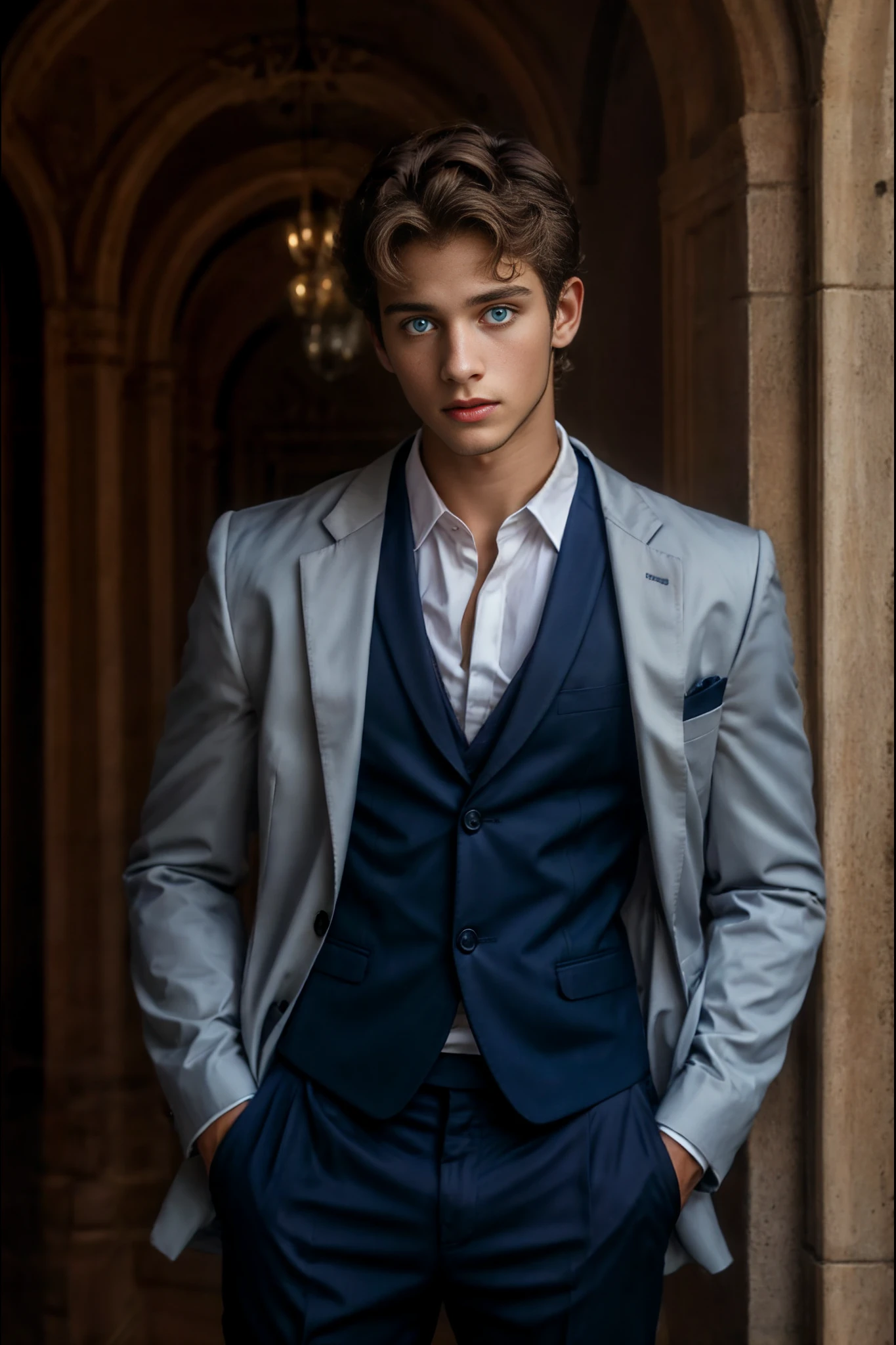 <lora:Darren_GV:1> An incredibly attractive, 1boy, short brown hair, blue eyes, young man, twink, wearing a suit and pants with an open jacket, portrait