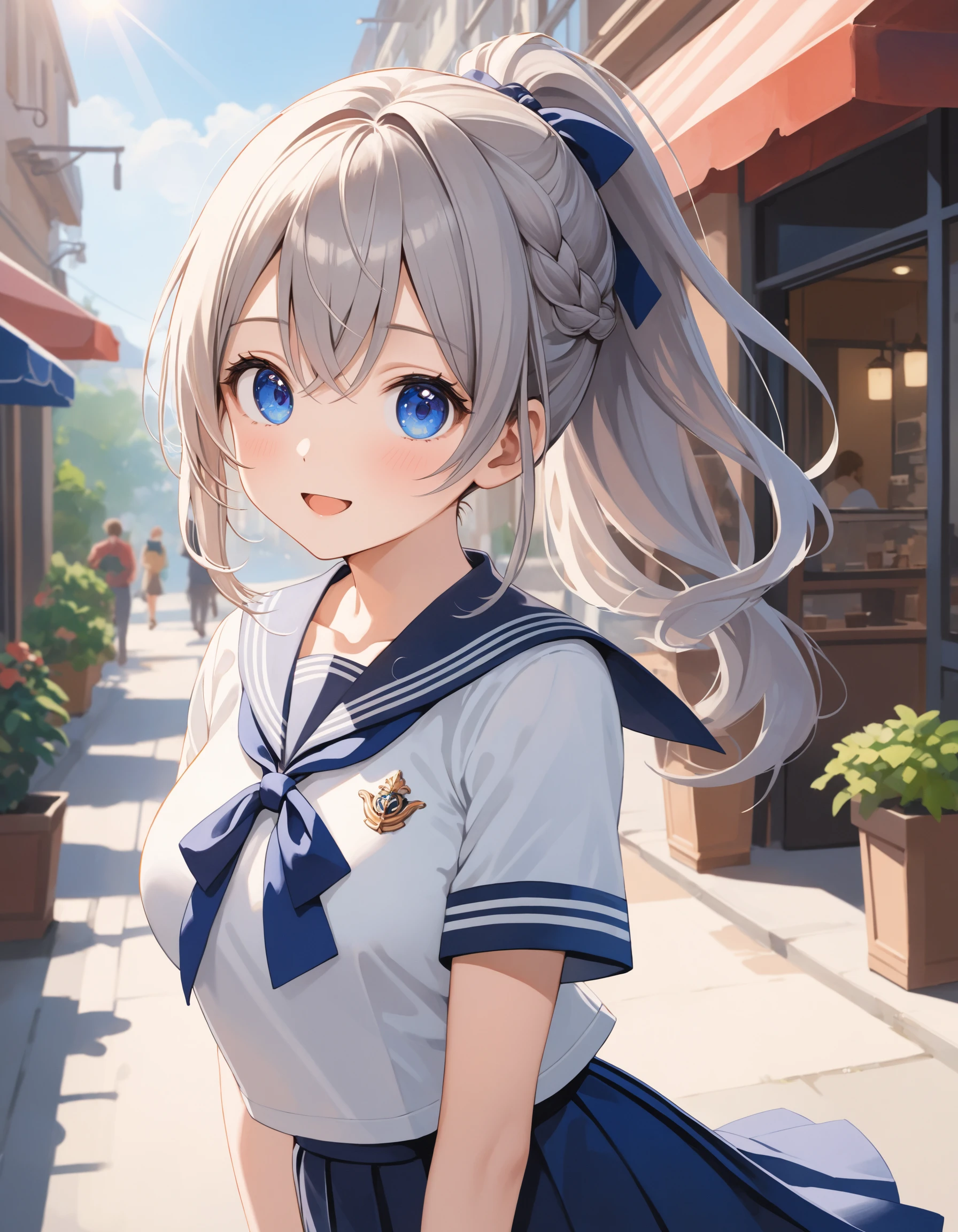 SceneDescription:
- Composition: Upper body shot. Shooting from front.
- Subject: A cute girl.
- Characteristics:
- Face: (Cute round face:1.1).
- Eyes: Detailed dark-blue eyes.
- Hair: Long wavy high (ponytail:1.2) with big ribbon hair ornament, (gray hair), (gray inner hair), left side french braid, ahoge and hair between eyes.
- Body: Detailed slender body. Large breasts.
- Clothing: School uniform, navy sailor collar, short sleeves and navy pleated skirt.
- Expression: Amused expression. Open mouth.
- Posing: (Arms behind back:1.2). Head tilt. Looking at viewer.
- Background: Fashionable cafe street.
- Elements: Decorative plants. Blue sky. Lens flare.
Time: Daytime.
Lighting: (Natural lighting:1.4).
ArtStyle: Watercolor. Traditional media.
Quality: Intricate details. Extremely detailed. Outstanding intricacies. (Masterpiece:1.2). (Best quality:1.2). (Absurdres absolutely resolution:1.4).
Mood: Serene atmosphere.