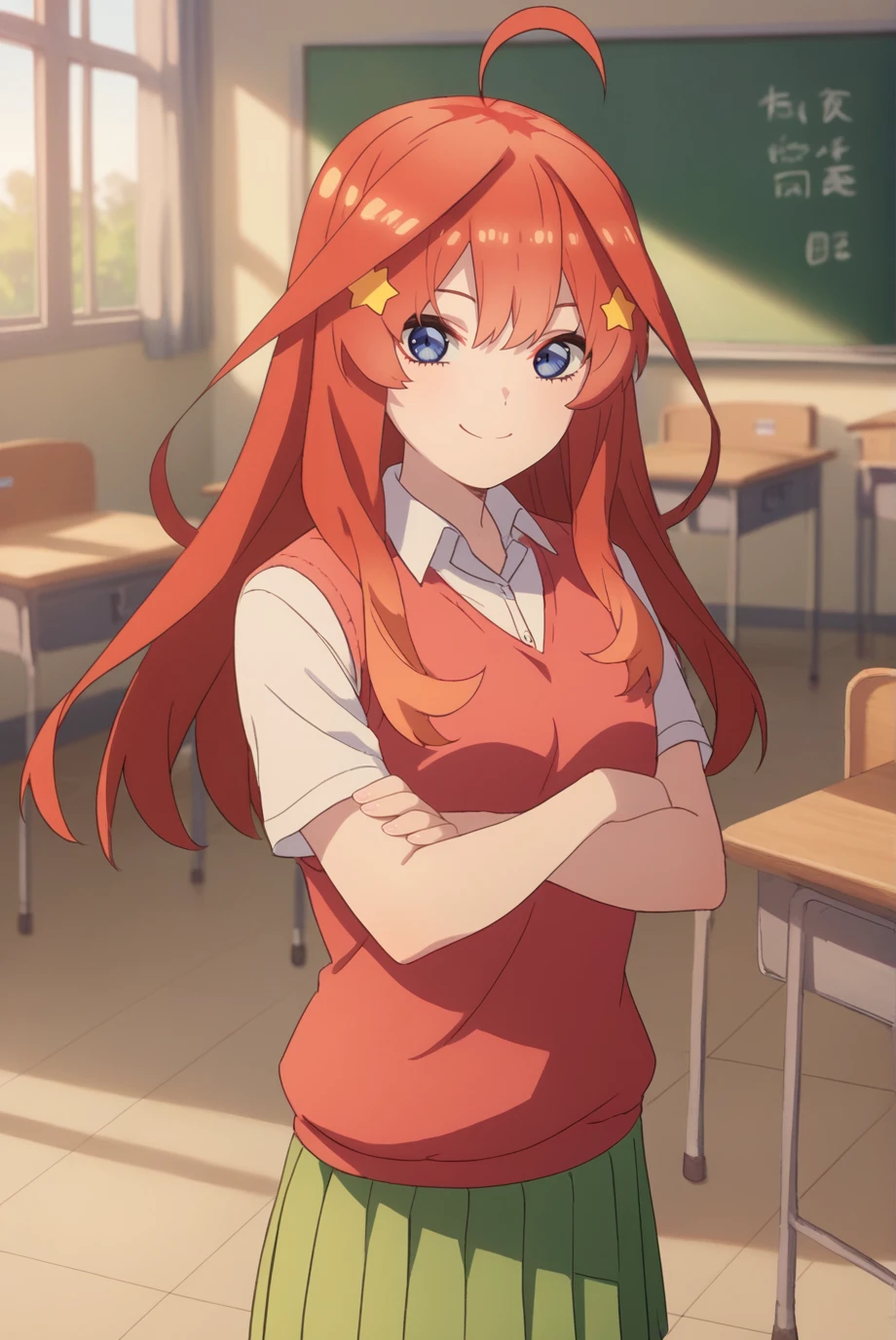 score_9, score_8_up, score_7_up, score_6_up, score_5_up, score_4_up, BREAK source_anime, 1girl,
<lora:ItsukiNakanoXL-v1-05:0.7>, ChopioItsuki, red hair, long hair, sidelocks, shiny hair, blue eyes, looking at viewer,
star hair ornament, ahoge,
outfit_1, red sweater vest, white shirt, collared shirt, short sleeves, green skirt, pleated skirt,
classroom, standing, smile, crossed arms,