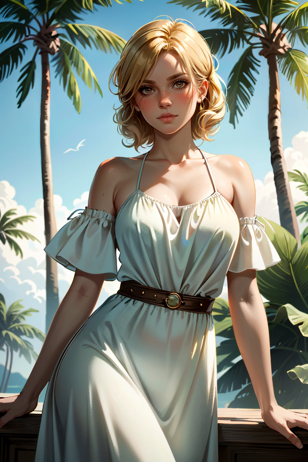 ((ultra detailed, masterpiece, absurdres))
 <lora:RDR2Sadie:0.8>
RDR2Sadie, 1girl, blonde hair, brown eyes, looking at viewer, on a tropical island, sundress, palm trees