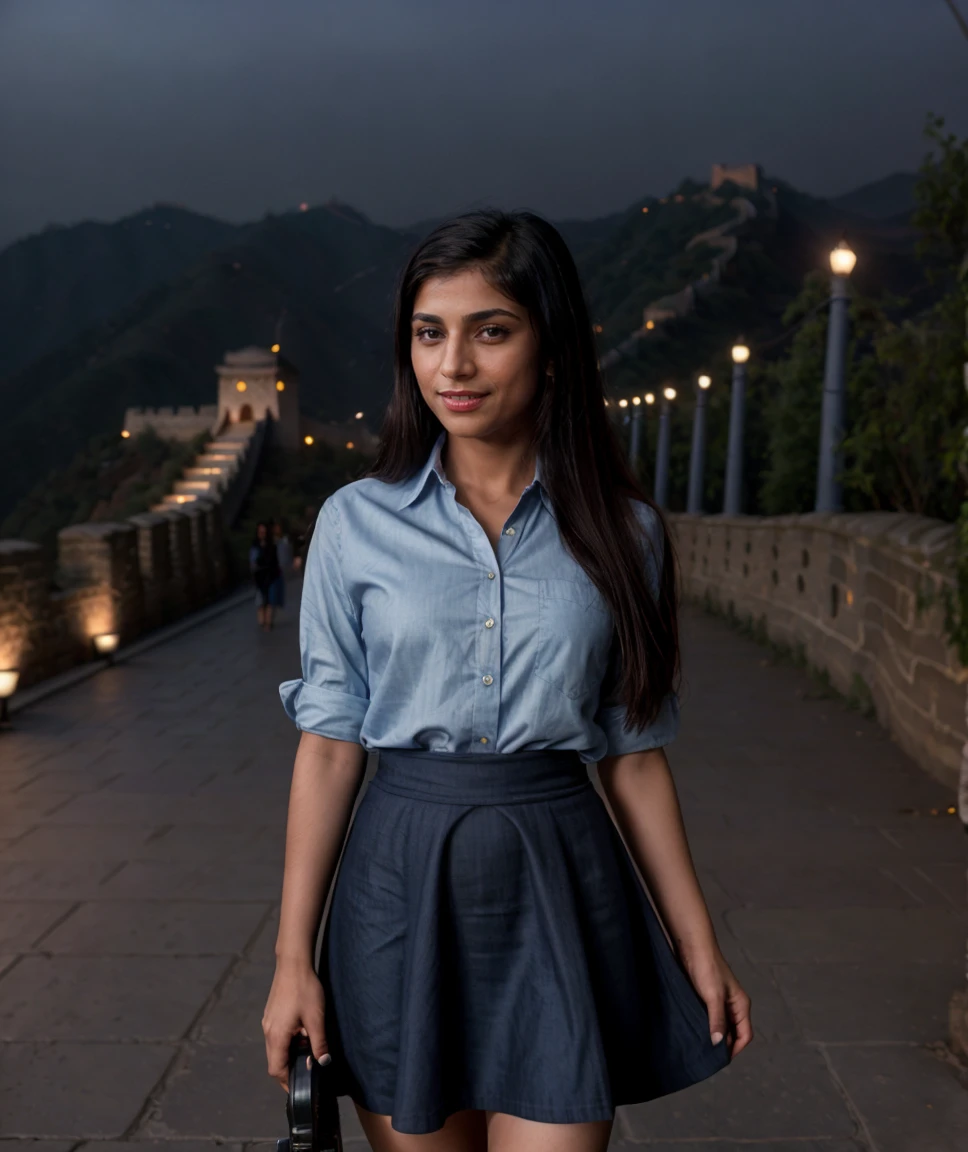 cinematic film still ,   <lora:quiron_MiaKhalifa_v2330_Lora:0.77> miaKhalifaQuiron, 1girl, realistic, long hair, looking at viewer, black hair, , smile , , , Leaning against a stone wall, she holds a vintage camera, capturing the world through her lens,  (night street) | } , focused, great wall of china, at Midnight hour, carrying under arm, (indigo shirt, skirt), tearing up  superhero origin story: The film explores the origin story of a superhero, depicting their transformation from an ordinary individual to a powerful and iconic figure,   . shallow depth of field, vignette, highly detailed, high budget Hollywood movie, bokeh, cinemascope, moody, epic, gorgeous, film grain, grainy