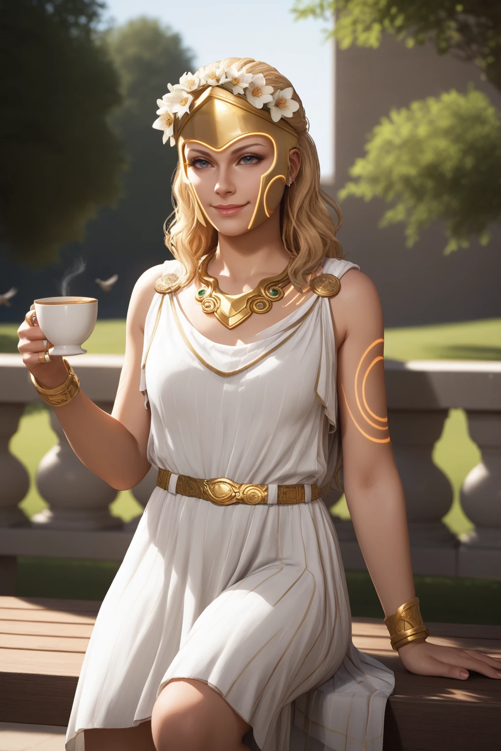 score_9, score_8_up, score_7_up, masterpiece, high quality, BREAK
 <lora:PersephonePonyLoRA:0.8>persphon, long hair, necklace, tattoo, dress, greek clothes, mask, flower, bracelet, single bracer, ring, belt, glowing, sitting on a bench in a park, trees, birds, holding a cup of tea, smile