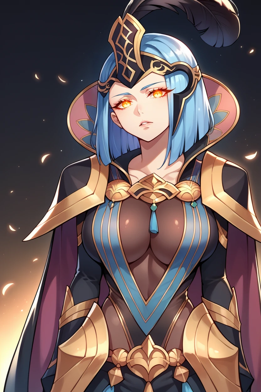 score_9, score_8_up, score_7_up, score_6_up, source_anime, 1girl, solo <lora:fearete-pdxl-nvwls-v1-000005:1> arete, light blue hair, feather, helmet, cape, leotard, cleavage, pants, boots, large breasts, glowing eyes, looking at you, expressionless, night sky, black background, parted lips