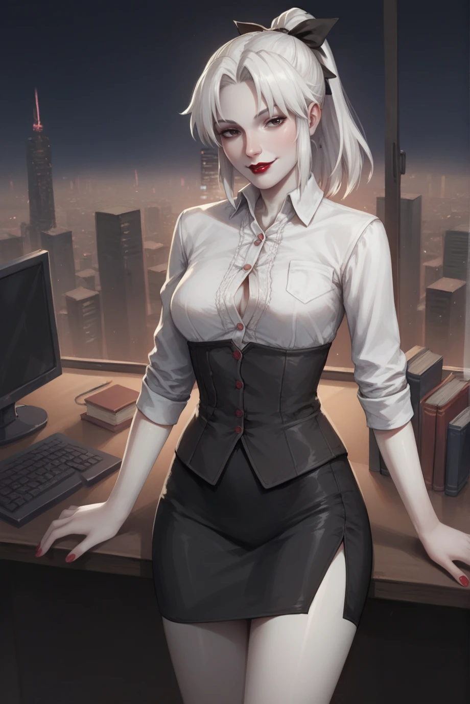 score_9, score_8_up, score_7_up, score_6_up, score_5_up, score_4_up, BREAK source_anime, 1girl,
<lora:LadyMariaXL-v1-06:0.7>, ChopioLadyMaria, white hair, medium hair, ponytail, hair ribbon,
pale skin, colored skin, white skin, red lipstick,, medium breasts, 
office, monitor, keyboard \(computer\), desk, standing, leaning against desk, window, cityscape, night,
black skirt, pencil skirt, high-waist skirt, white shirt, shirt tucked in, buttons, seductive smile, red lipstick,