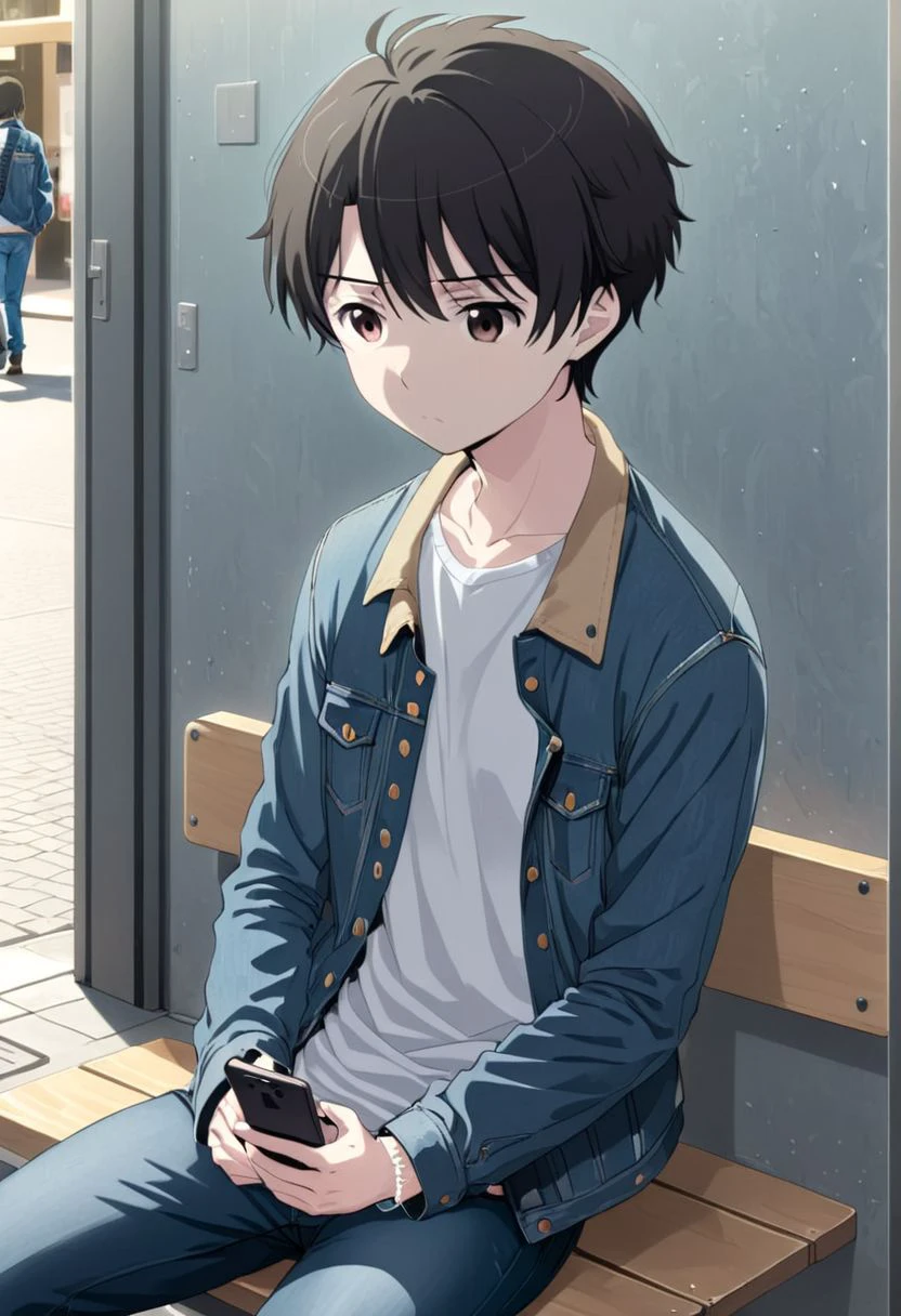 high resolution, solo, best quality, 1Boy, Inaho Kaizuka, Black hair, Brown Eyes, denim jacket, smartphone, waiting, jeans, OverallDetail