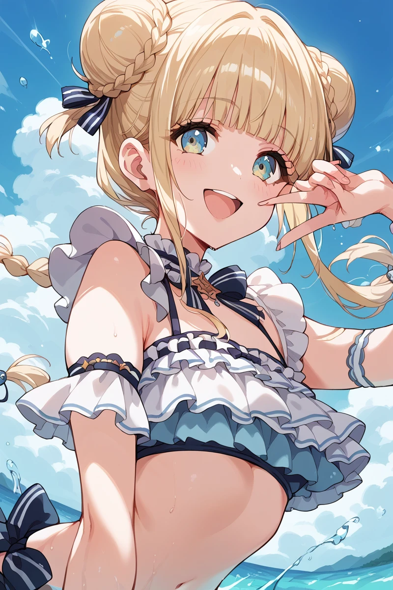 score_9, score_8_up, score_7_up, score_6_up, 1girl,
<lora:Fukushima_Noa_r2:0.9> noa, blonde hair, bangs, hair buns, twin braids, bikini, open mouth, smile, jewerly, frills,