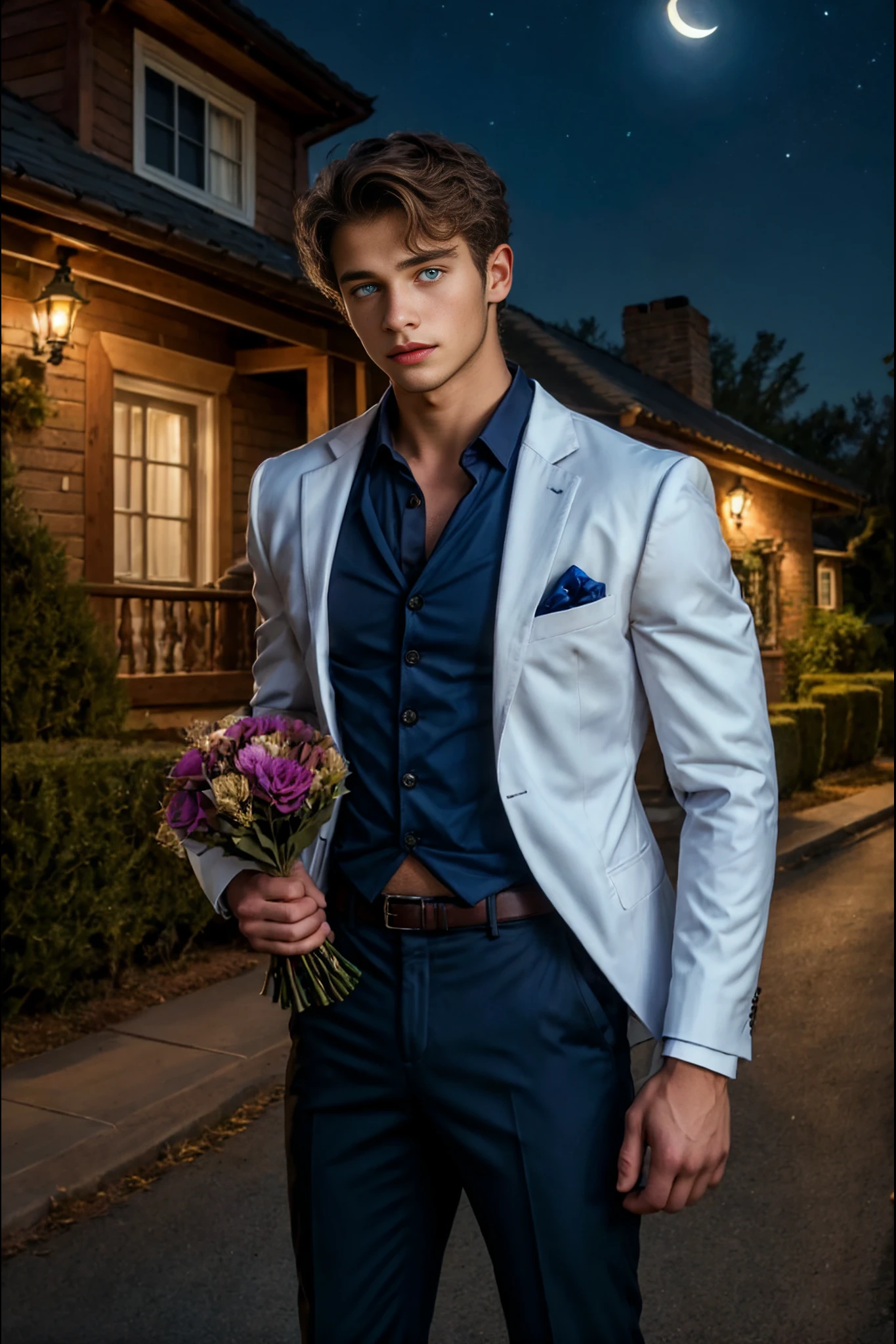 <lora:Darren_GV:1> An incredibly attractive, 1boy, short brown hair, blue eyes, young man, wearing a suit and pants with an open jacket, and dress shirt, holding a bouquet of flowers, standing outside a house on a starry, moonlit night, waiting for his date.