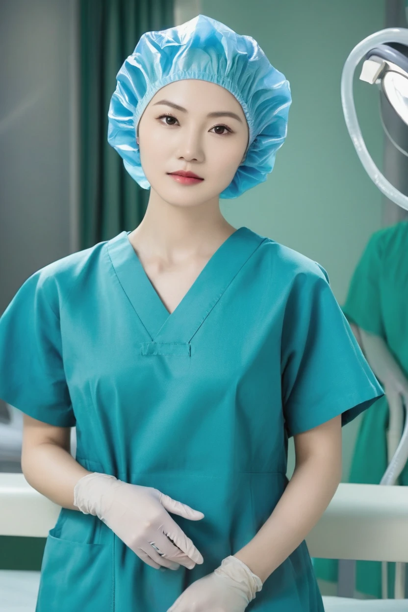 Drawing of a female doctor wearing a surgical cap and gown standing in an operating room,young Asian woman,(no hair:1.5),subtle makeup emphasizing natural beauty,delicate facial features,fair skin,delicate pores,surgical cap,operating room background,realistic style,minimalist color scheme,(full body portrait:1.5),(Wearing gloves:1.5),Inspired by real operating rooms,masterpiece,<lora:surgical cap v4.0:1>,