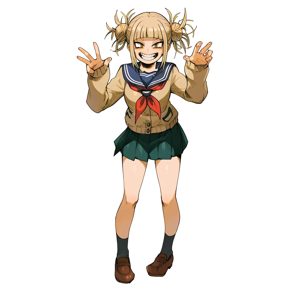 MVC2style, simple background, white background, full body, my hero academia, himiko Toga, school uniform, blonde hair, crazed grin, <lora:MVC2Style_SDXL-000005:1.0>