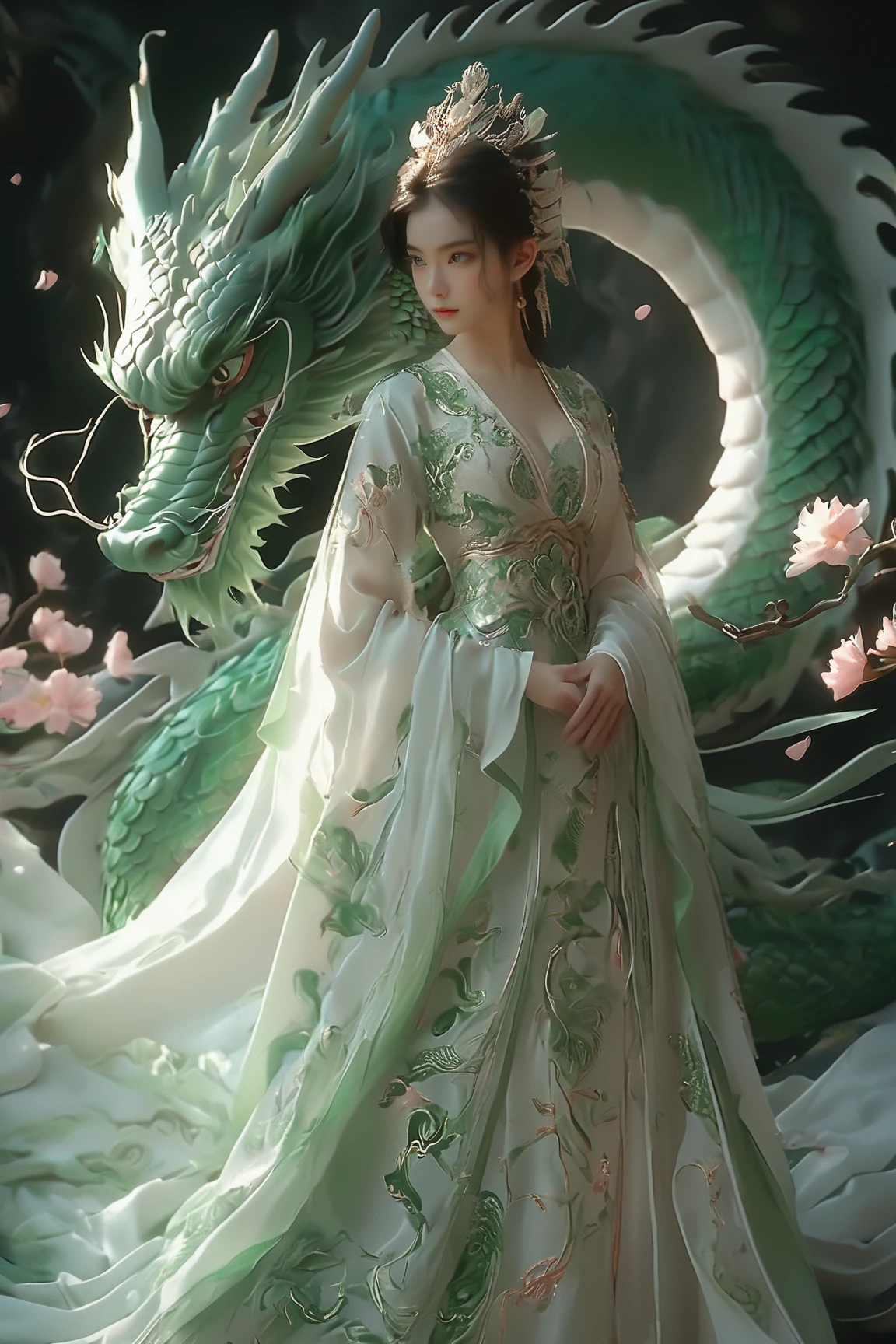 A serene scene where a woman, adorned in a traditional green and white dress, stands gracefully beside a majestic green dragon. The woman wears an ornate headpiece and holds a delicate object in her hand. The dragon, with its intricate scales and fierce yet calm expression, wraps around her, creating a protective and harmonious bond between them. The backdrop is dark, with subtle lighting highlighting the dragon and the woman, and there are floating pink flowers adding to the ethereal atmosphere.,xxmixgirl<lora:EMS-411095-EMS:0.700000>