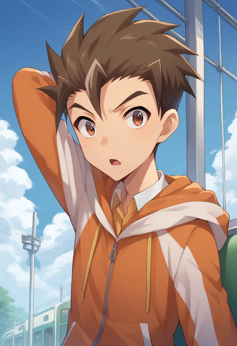 score_9, score_8_up, score_7_up, source_anime, highly detailed, 
tsuranuki, 1boy, male focus, brown eyes, open mouth, solo, brown hair, upper body, hood, hoodie, looking at viewer, hand behind head,
outdoors, train, sky, shinkansen