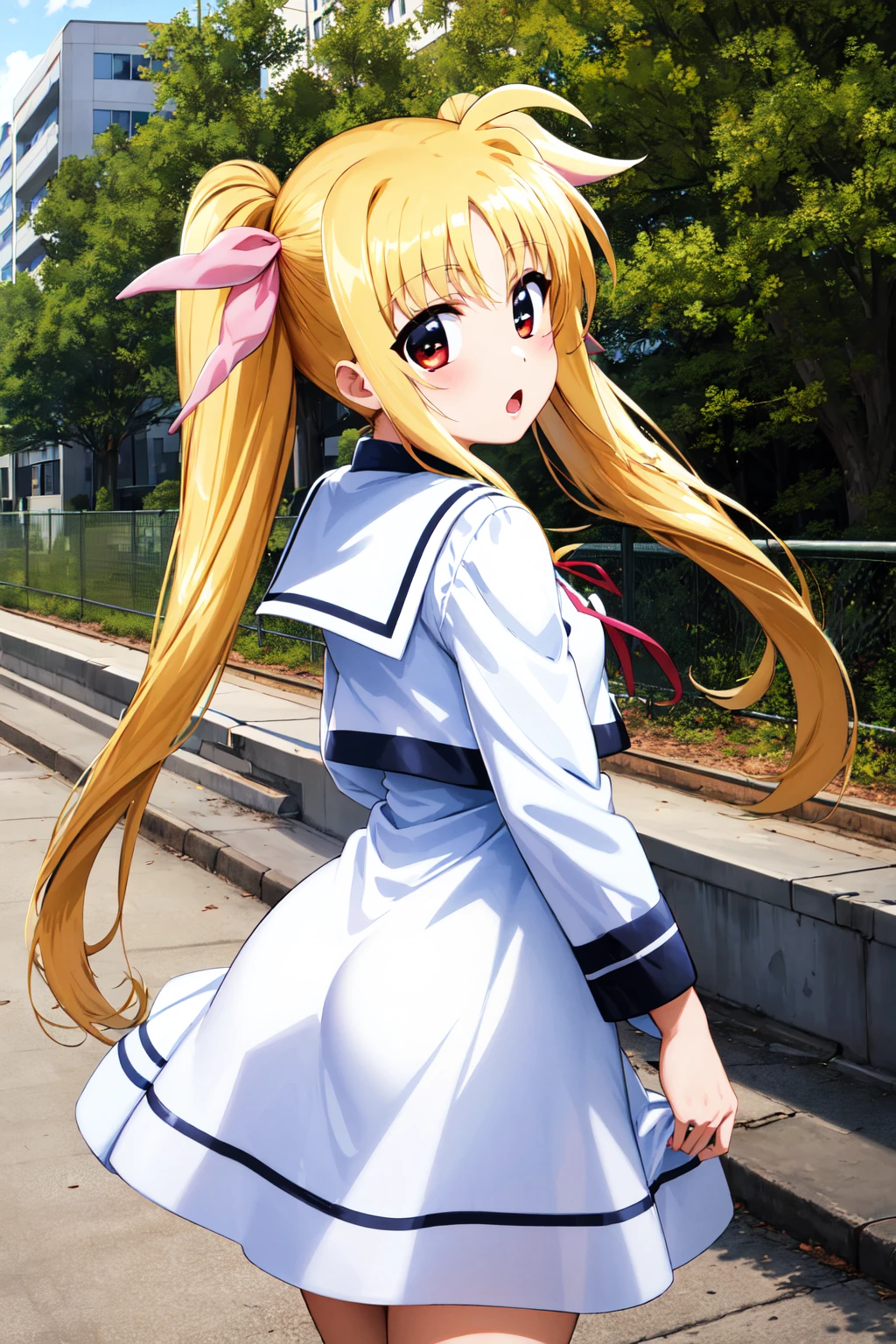 masterpiece, best quality, highres, aafate, long hair, twintails, hair ribbon, pink ribbon, small breasts, school uniform, white sailor collar, neck ribbon, collared shirt, white shirt, white dress, long sleeves, <lora:fate_testarossa_v1:0.7>, from behind, standing, cowboy shot, street, city, :o, looking back