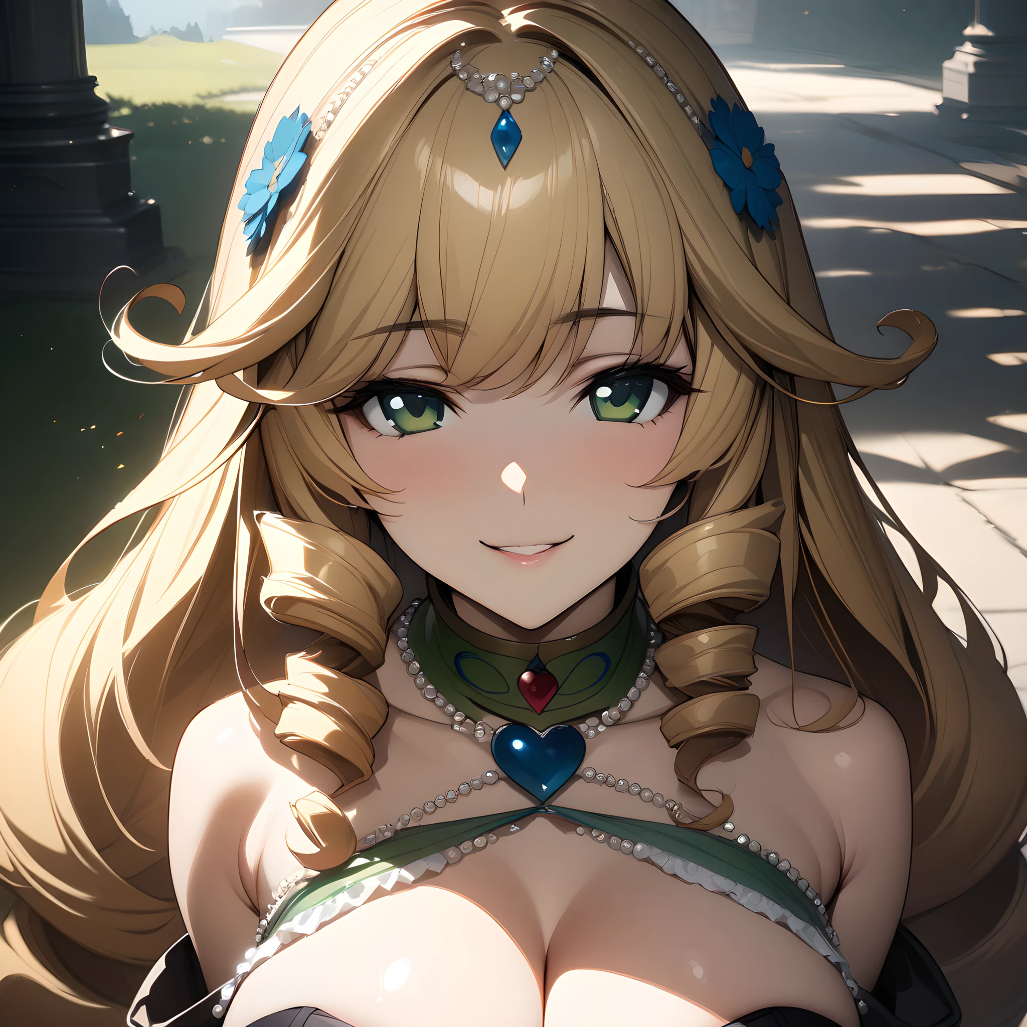 Peach, blue eyes, long hair, 1girl, solo, perfect breasts, ,earrings glossy lips ,looking at viewer, blush, large breasts, nature, pond, trees, park, long light pink elbow satin gloves, holding, animal ears, cleavage, bare shoulders, jewelry, very l, gentle smile, pantyhose, earrings, fake rabbit ears, light pink leotard, fake animal ears bunny, long light pink elbow gloves, light pink gloves