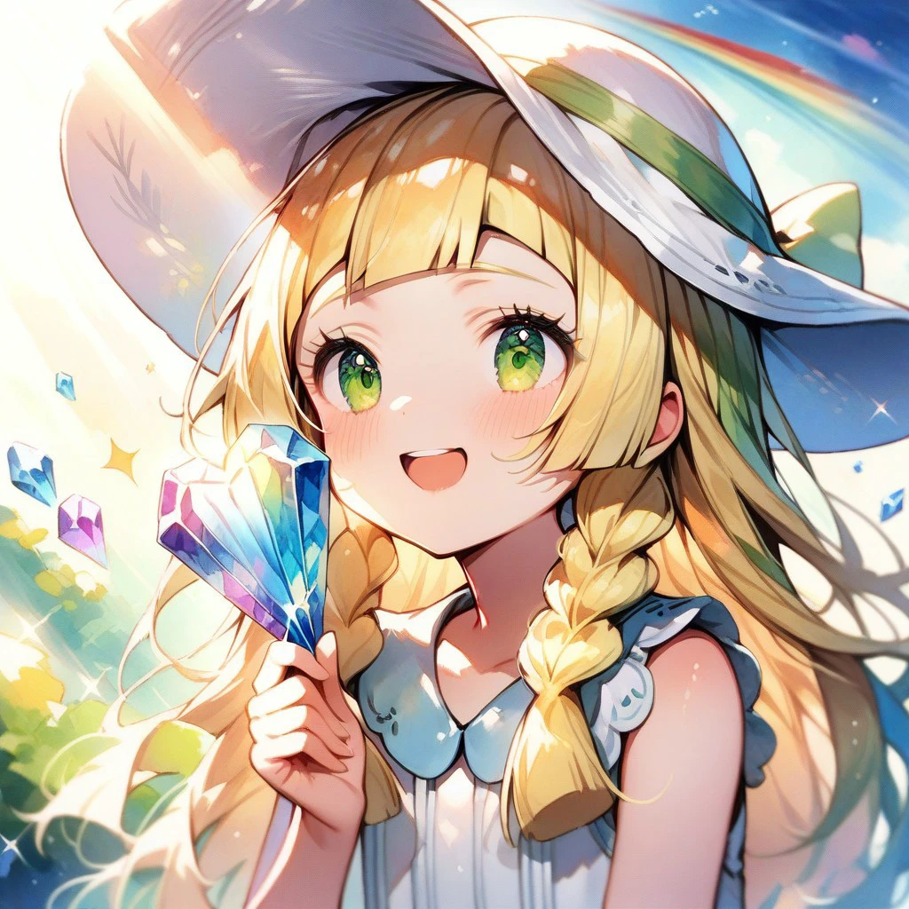 score_9,score_8_up,score_7_up,score_6_up,score_5_up,score_4_up, solo, lillie/(pokemon/), long hair, blonde hair, green eyes, sun hat, white headwear, side braids, sleeveless, white dress, 1girl, portrait, face, smile, open mouth, hand up, holding, crystal, holding crystal, prism, rainbow