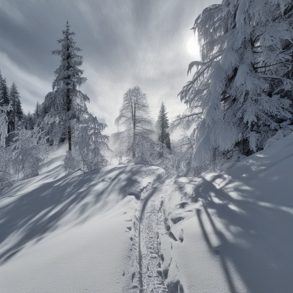 snow, scenery, sun, sunlight, footprints, mountain, tree, greyscale, cloud