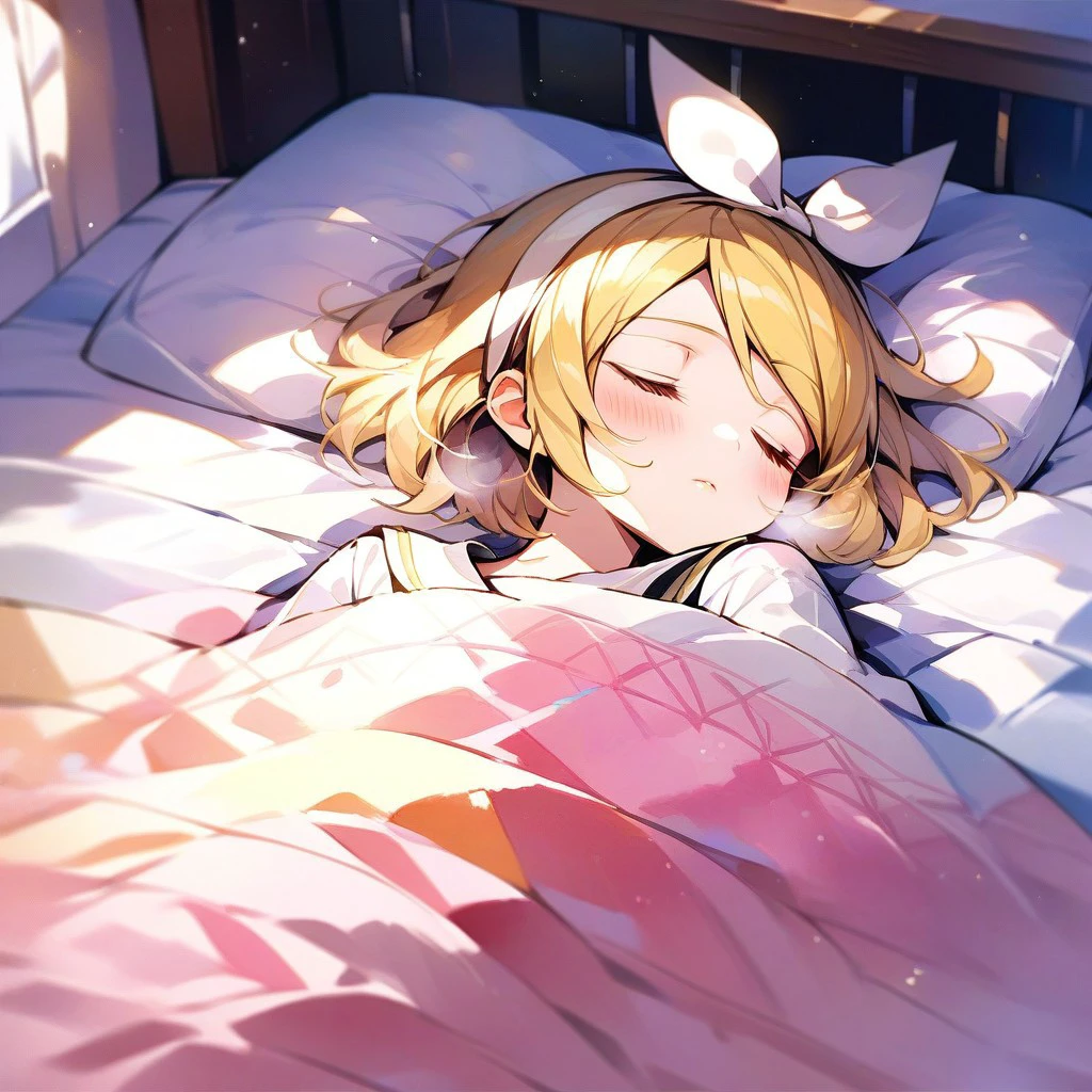 score_9,score_8_up,score_7_up,score_6_up,score_5_up,score_4_up, solo, 1girl, kagamine rin, blonde hair, short hair, hair bow, closed eyes, sleeping, indoors, bed, on bed, lying, on back, blanket