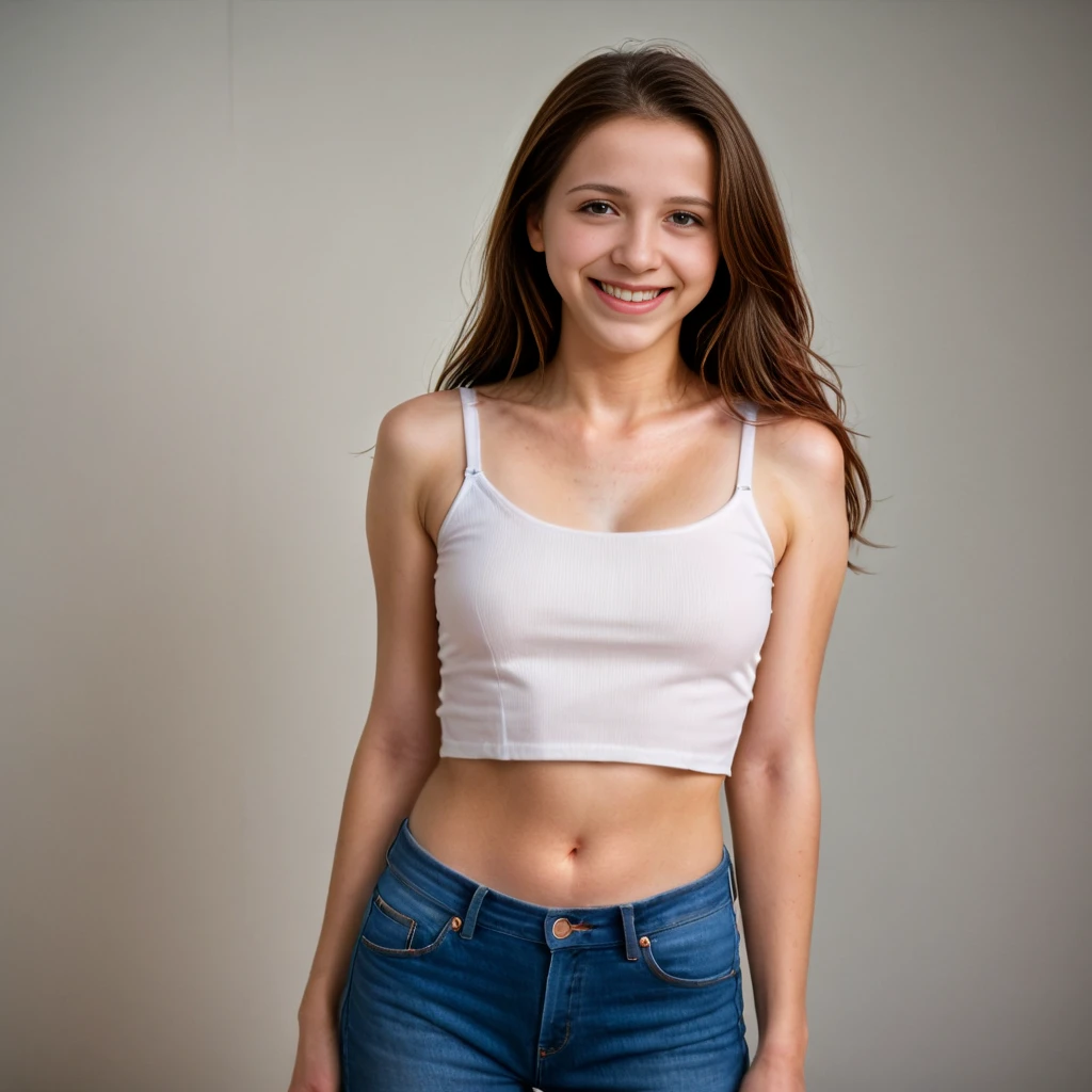 realistic,(white_skin:1.2),(fair_skin:1.2),(pale_skin:1.2),<lora:zhevas42_model:1>,zhevas42_model,jeans and crop top,solo,brown eyes,solo,long hair,looking at viewer,smile,brown hair,jewelry,